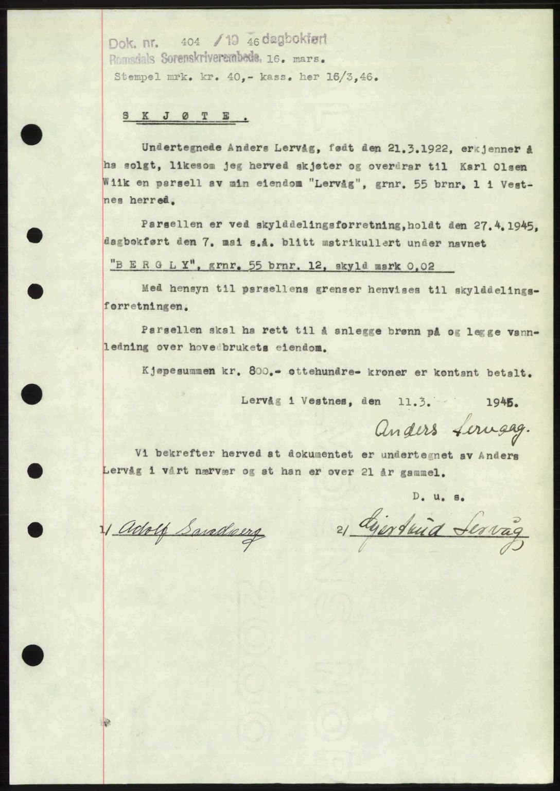 Romsdal sorenskriveri, SAT/A-4149/1/2/2C: Mortgage book no. A19, 1946-1946, Diary no: : 404/1946