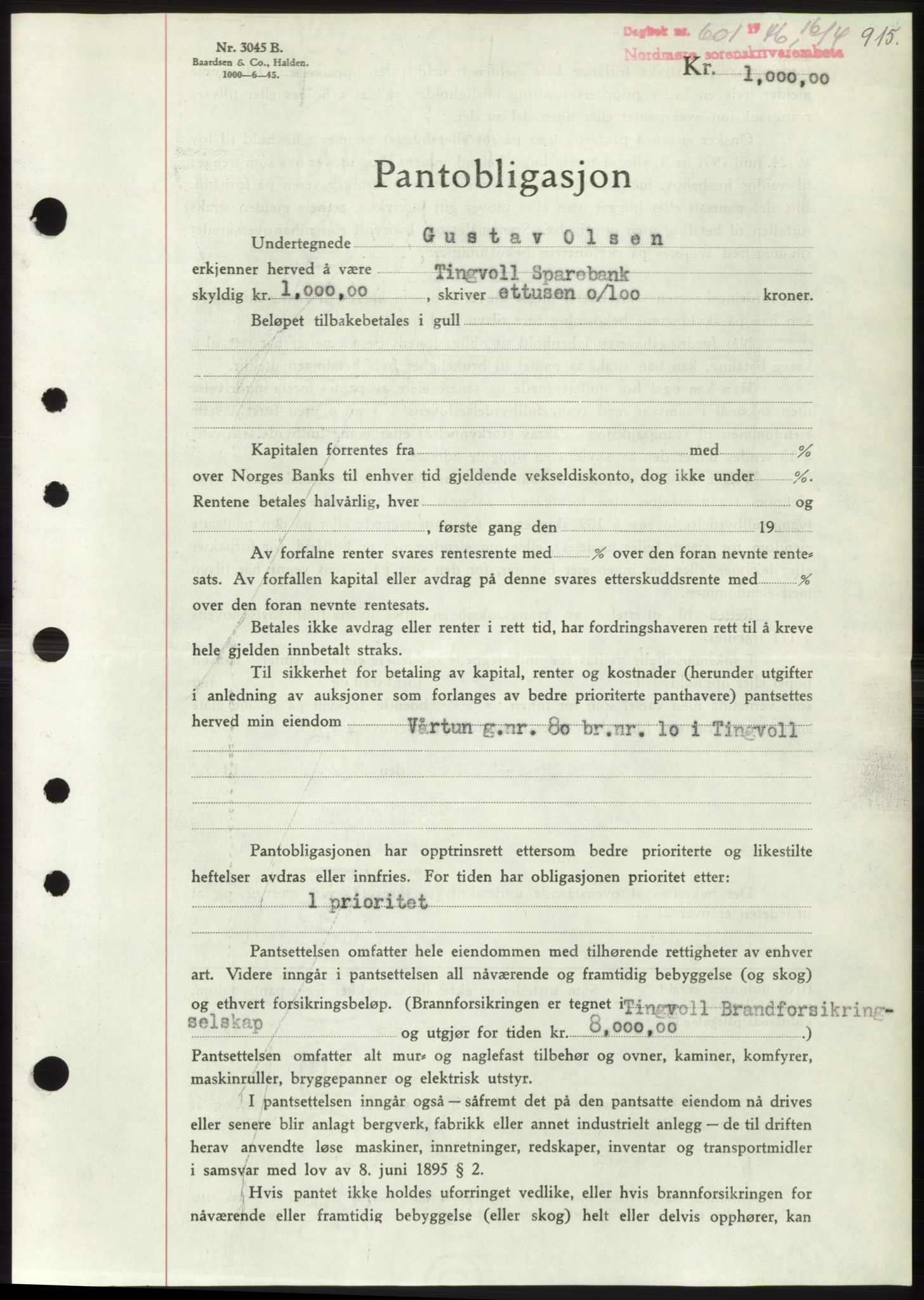 Nordmøre sorenskriveri, AV/SAT-A-4132/1/2/2Ca: Mortgage book no. B93b, 1946-1946, Diary no: : 601/1946