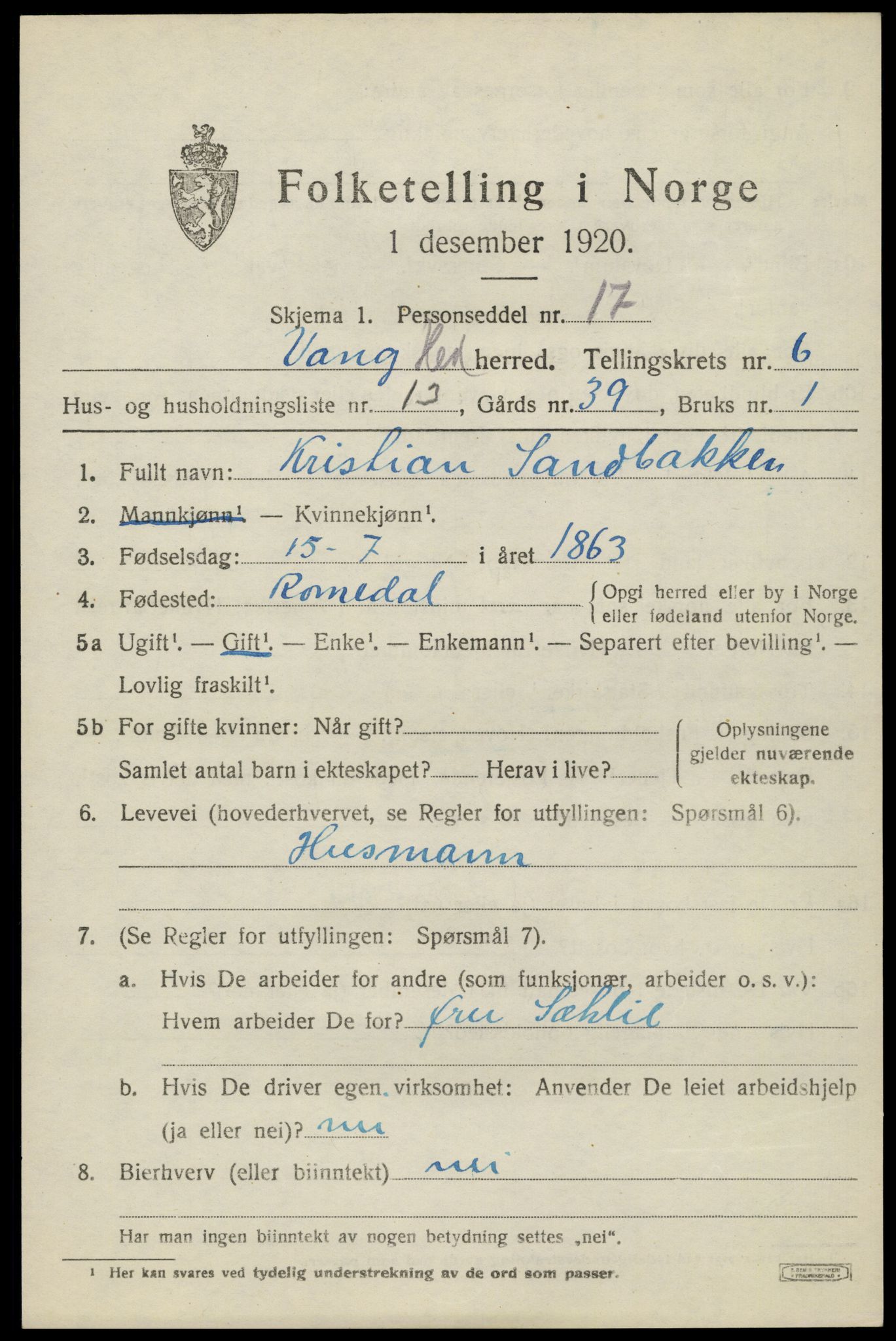 SAH, 1920 census for Vang (Hedmark), 1920, p. 15377