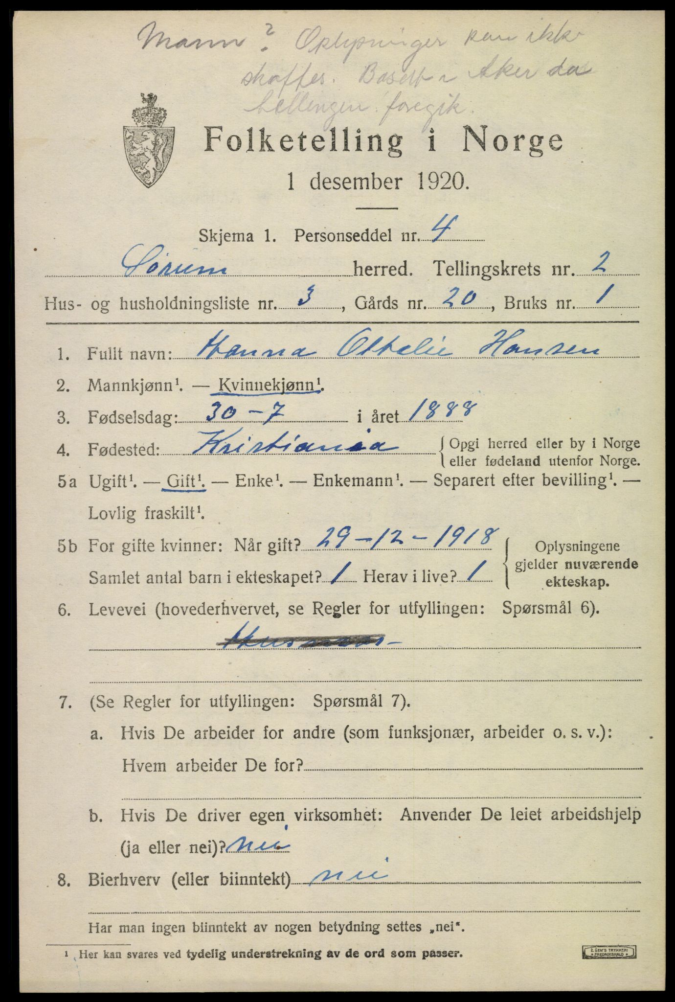 SAO, 1920 census for Sørum, 1920, p. 1665