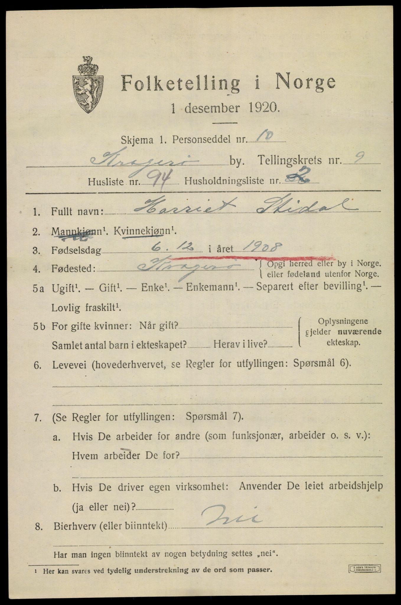 SAKO, 1920 census for Kragerø, 1920, p. 12989