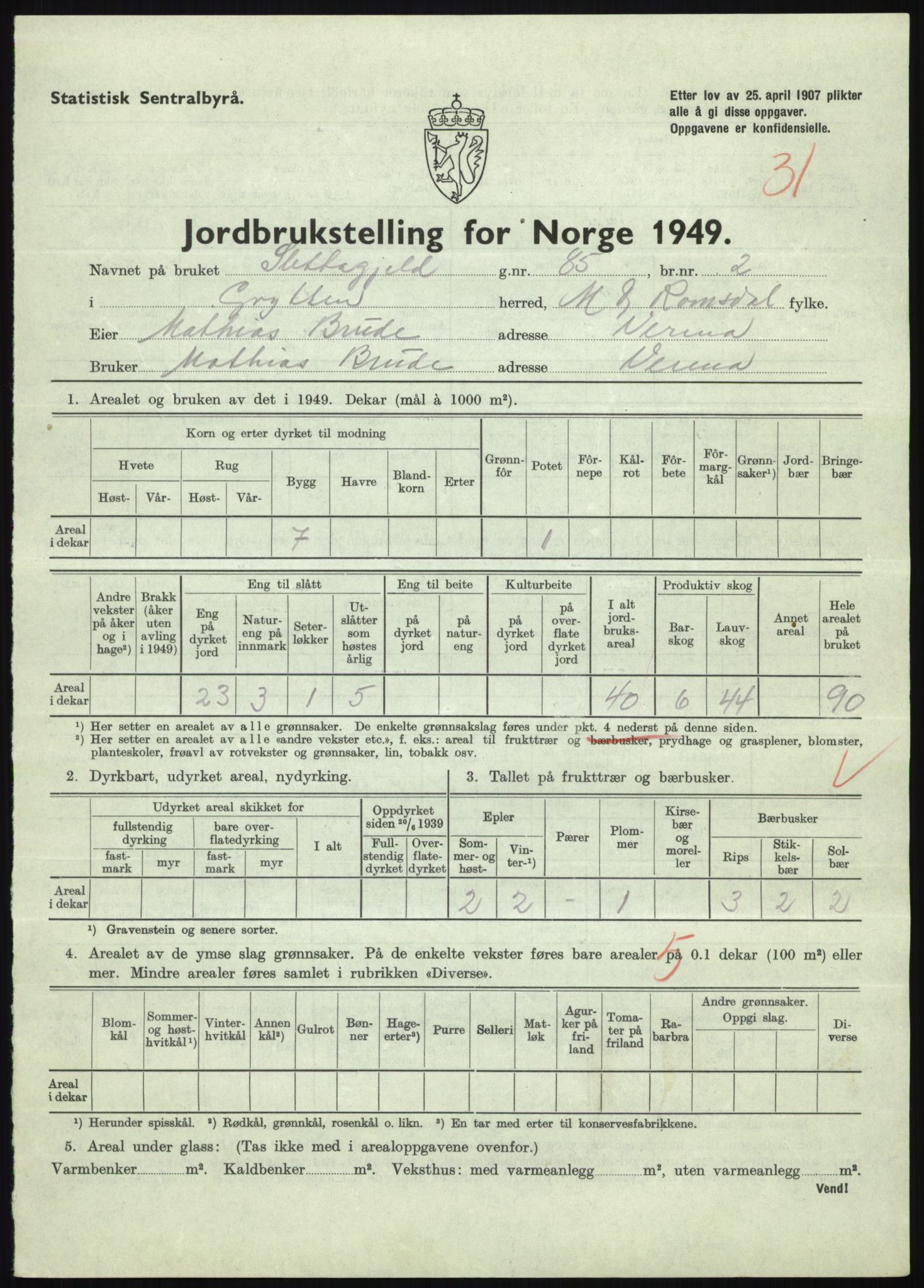 Statistisk sentralbyrå, Næringsøkonomiske emner, Jordbruk, skogbruk, jakt, fiske og fangst, AV/RA-S-2234/G/Gc/L0323: Møre og Romsdal: Grytten og Hen, 1949, p. 241