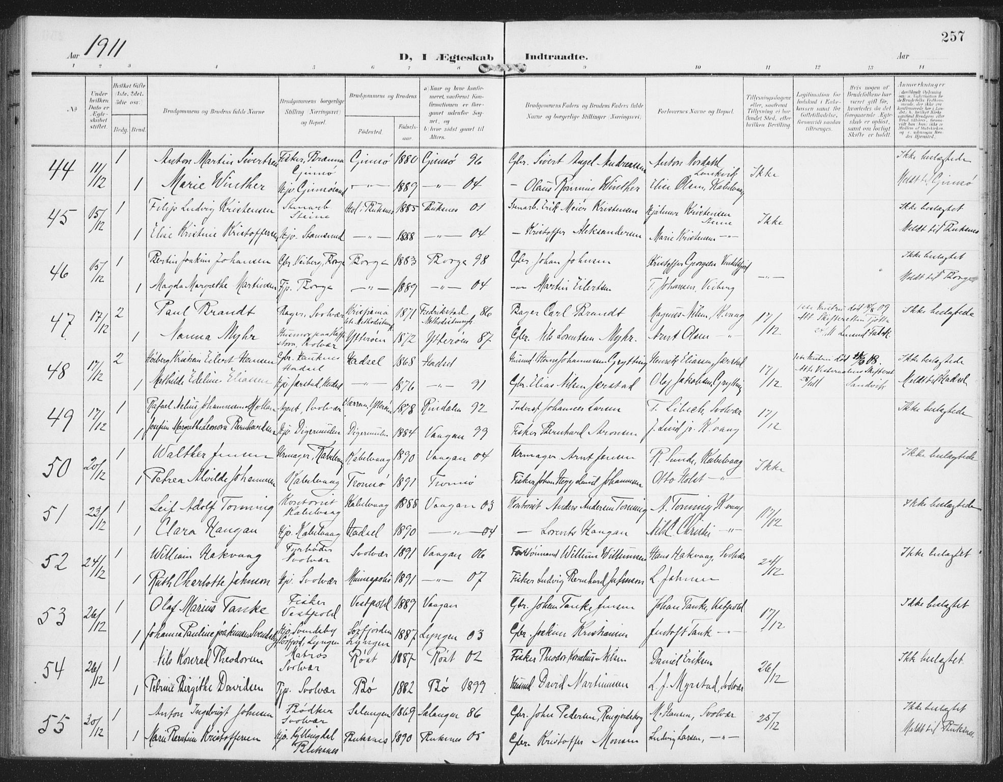 Ministerialprotokoller, klokkerbøker og fødselsregistre - Nordland, AV/SAT-A-1459/874/L1063: Parish register (official) no. 874A07, 1907-1915, p. 257