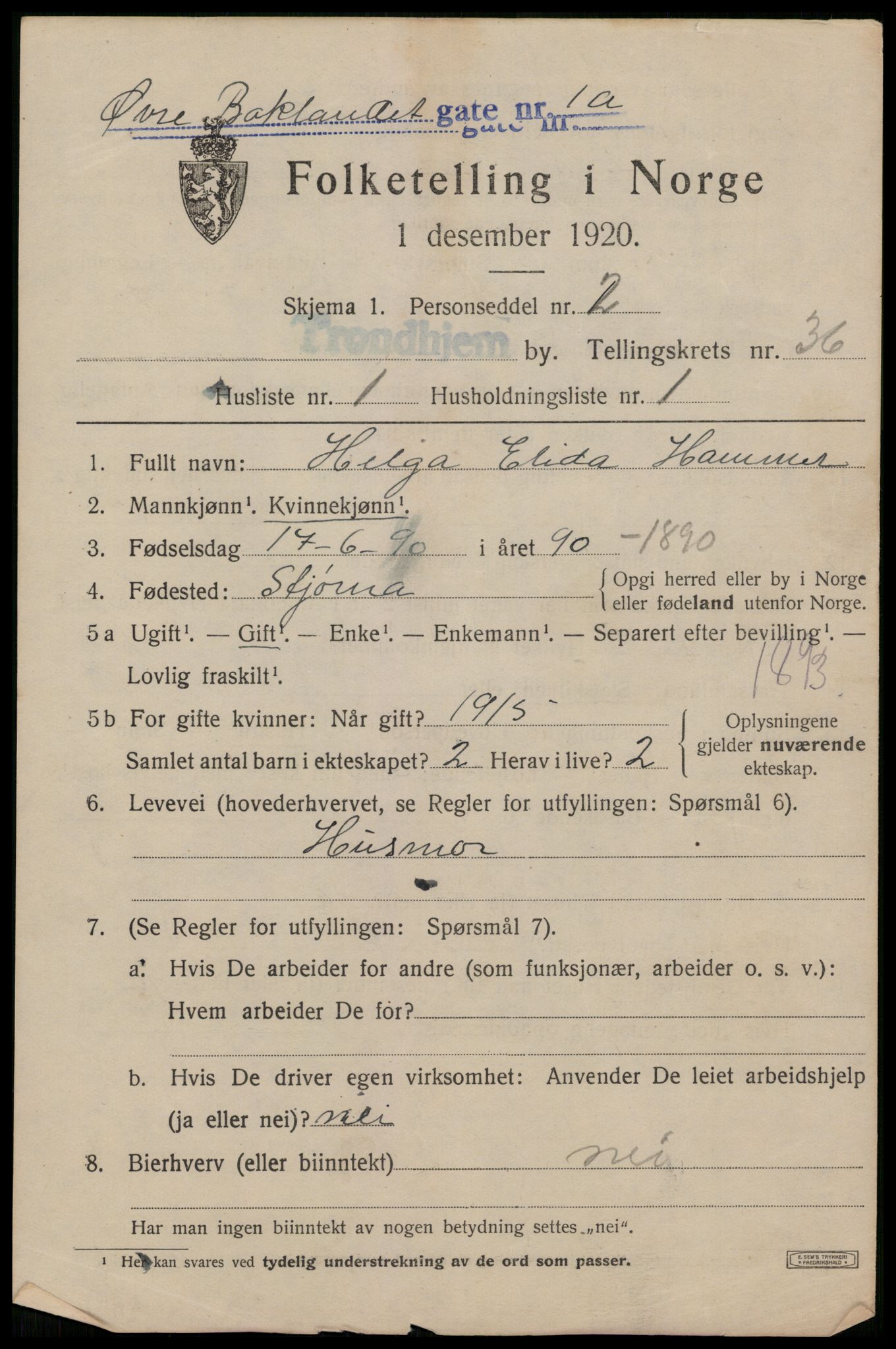 SAT, 1920 census for Trondheim, 1920, p. 82862