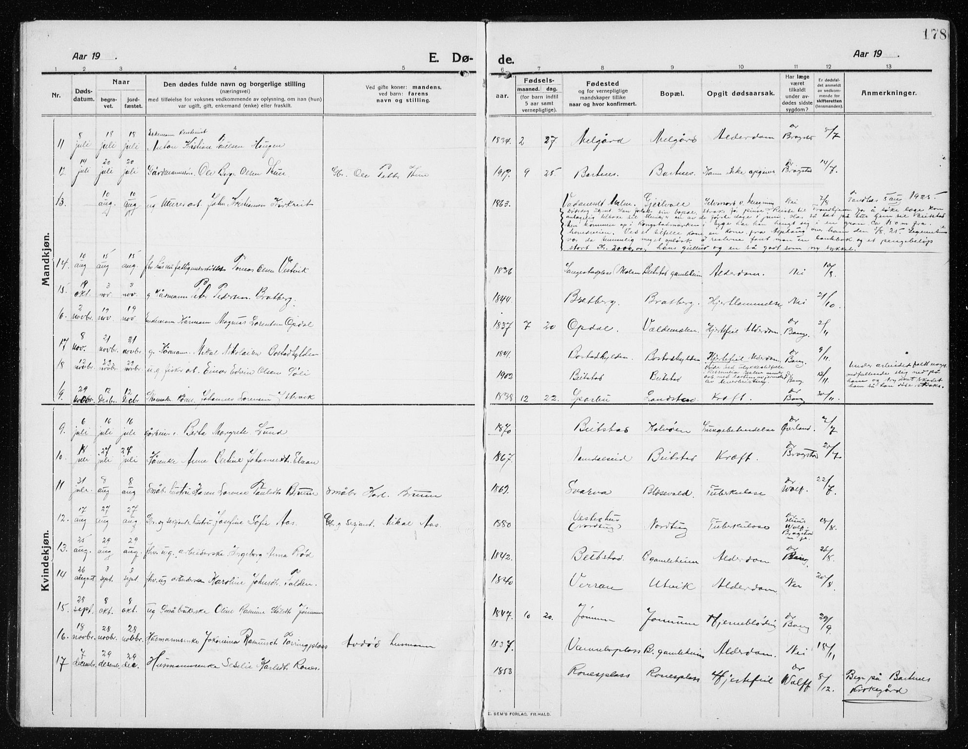 Ministerialprotokoller, klokkerbøker og fødselsregistre - Nord-Trøndelag, AV/SAT-A-1458/741/L0402: Parish register (copy) no. 741C03, 1911-1926, p. 178