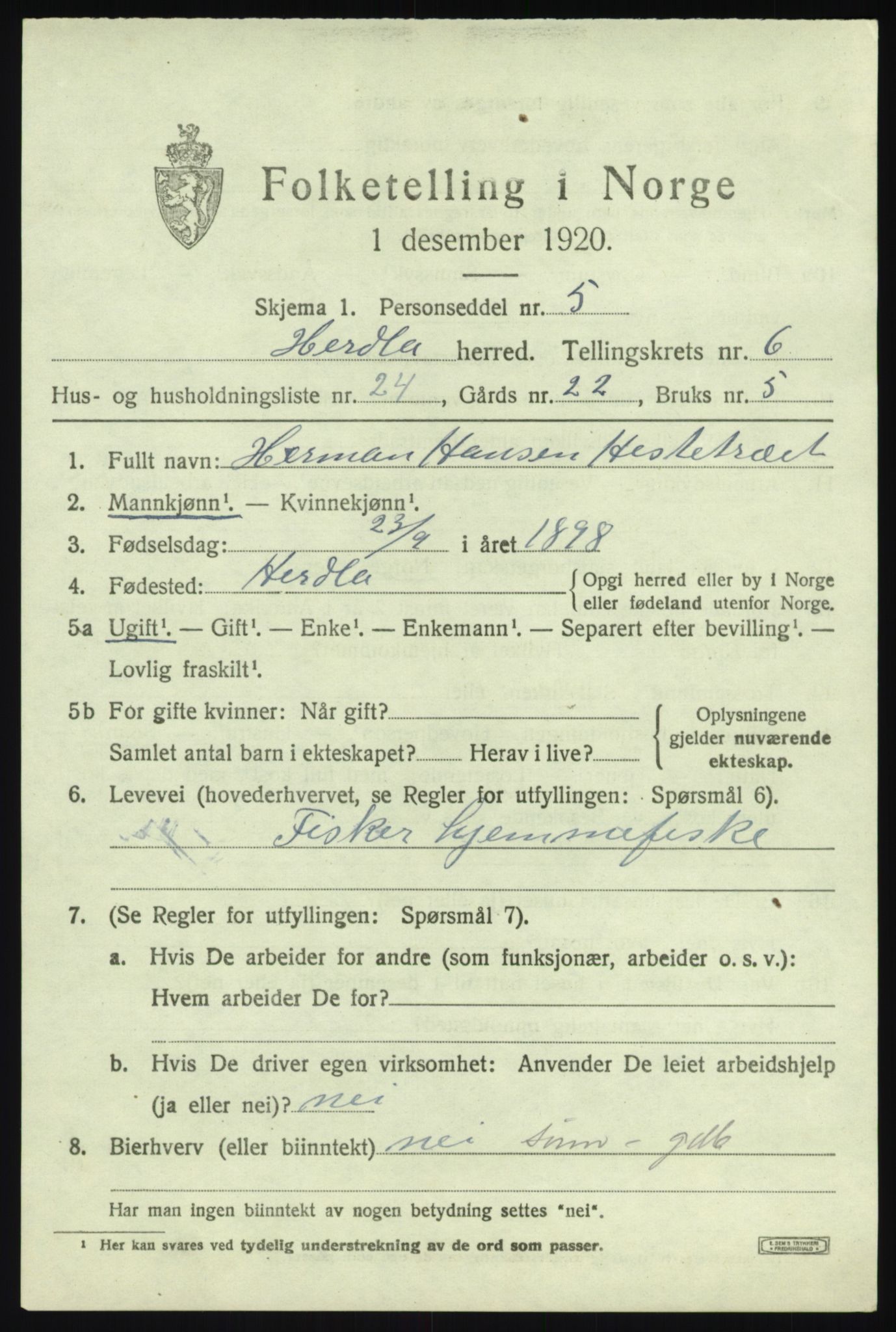 SAB, 1920 census for Herdla, 1920, p. 4707