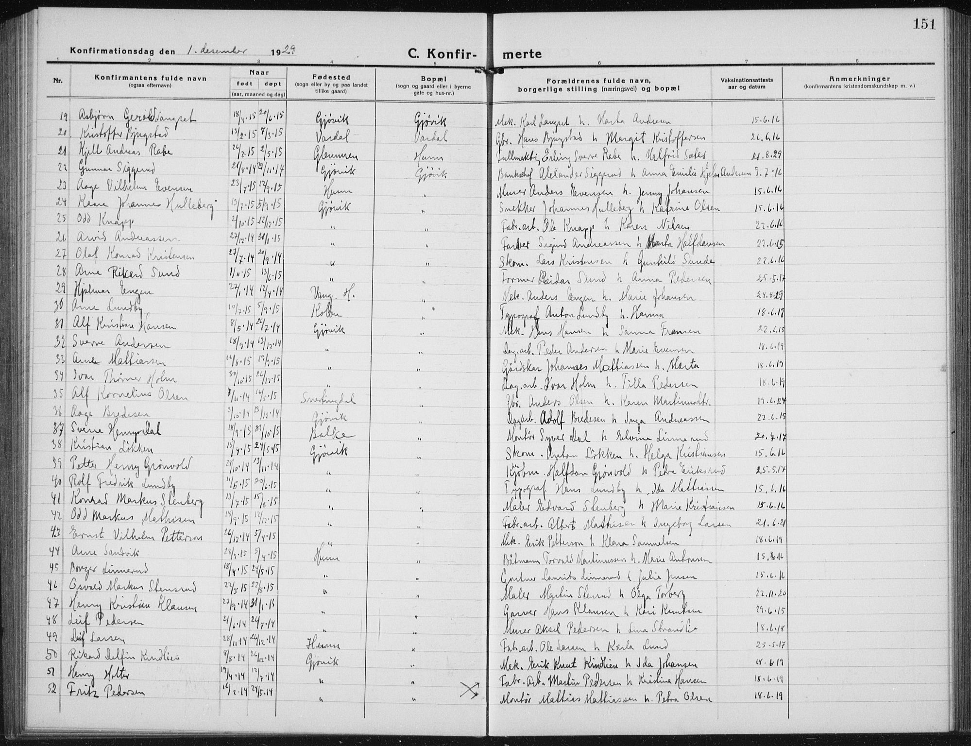 Vardal prestekontor, SAH/PREST-100/H/Ha/Hab/L0017: Parish register (copy) no. 17, 1922-1941, p. 151