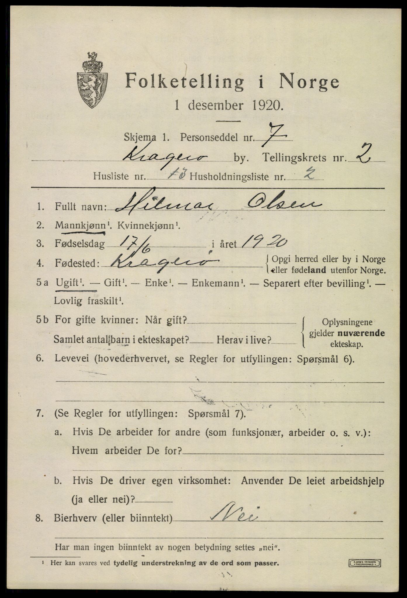 SAKO, 1920 census for Kragerø, 1920, p. 5477