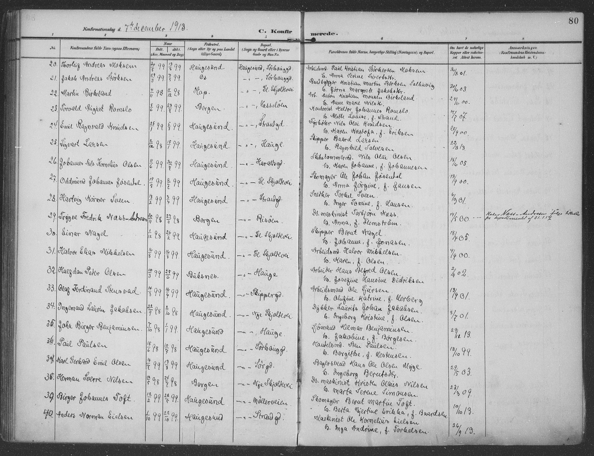 Haugesund sokneprestkontor, AV/SAST-A -101863/H/Ha/Haa/L0007: Parish register (official) no. A 7, 1904-1916, p. 80