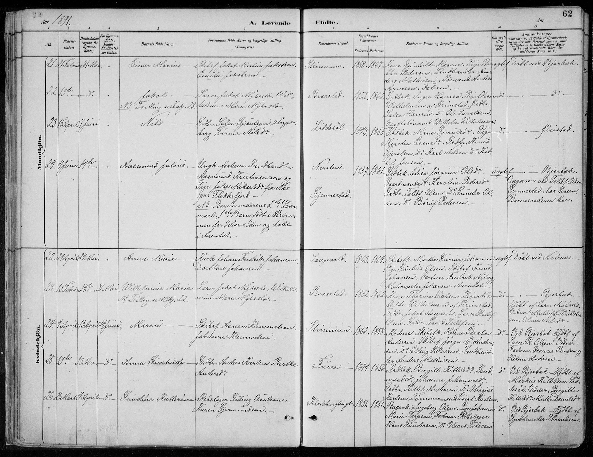 Øyestad sokneprestkontor, AV/SAK-1111-0049/F/Fa/L0017: Parish register (official) no. A 17, 1887-1896, p. 62