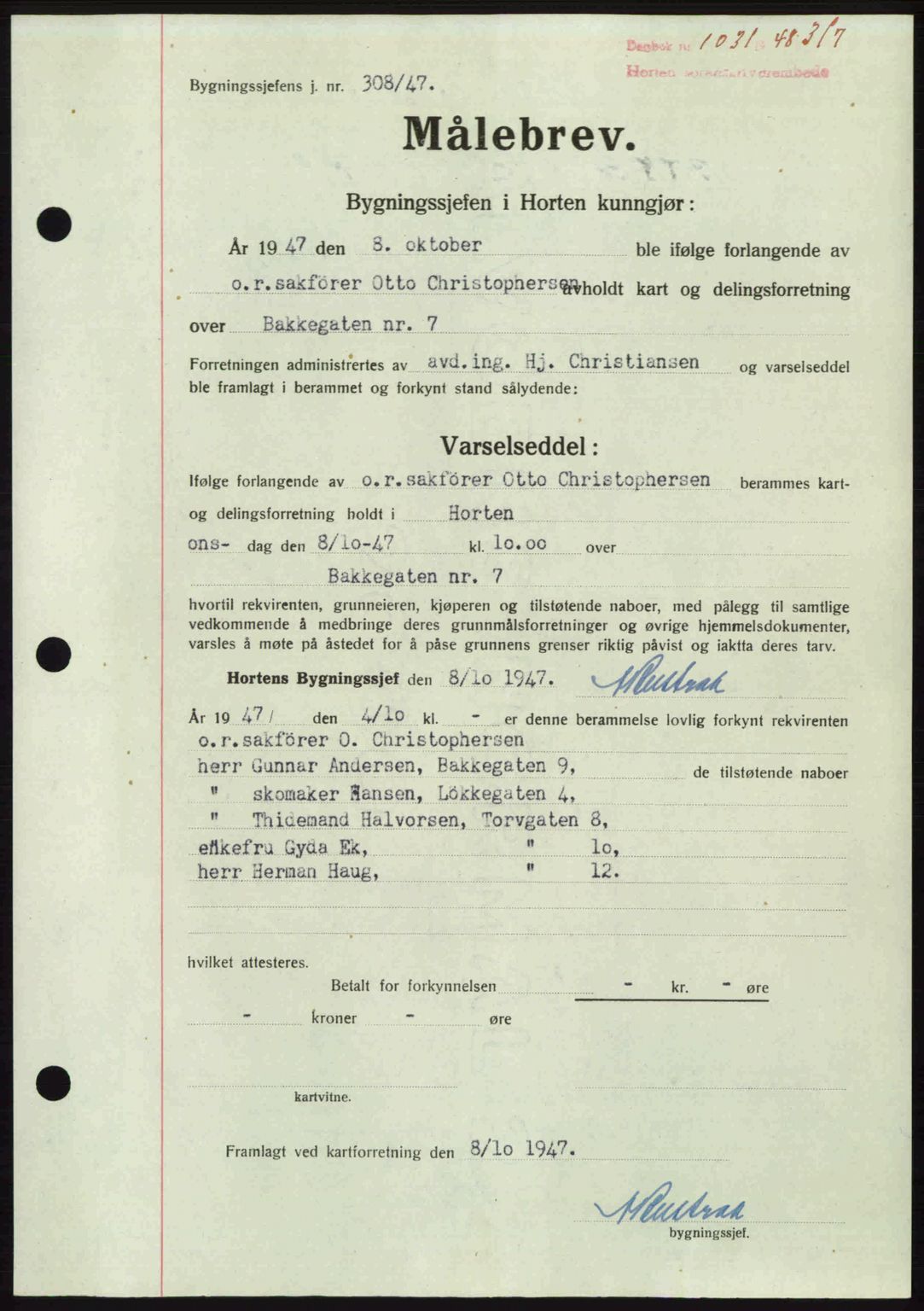 Horten sorenskriveri, AV/SAKO-A-133/G/Ga/Gaa/L0010: Mortgage book no. A-10, 1947-1948, Diary no: : 1031/1948