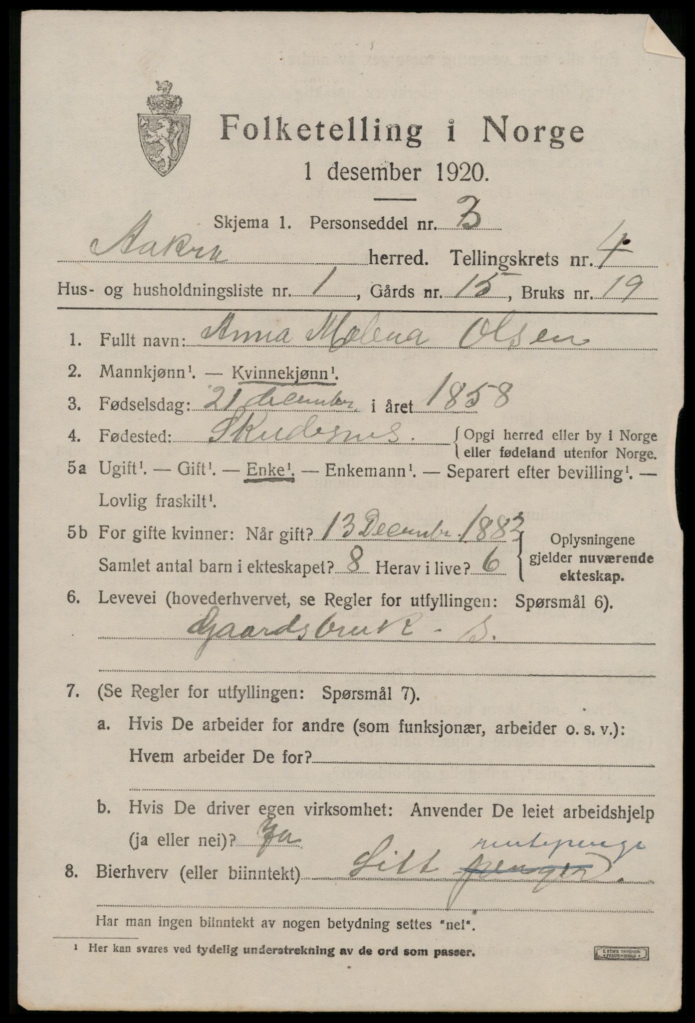 SAST, 1920 census for Åkra, 1920, p. 5886