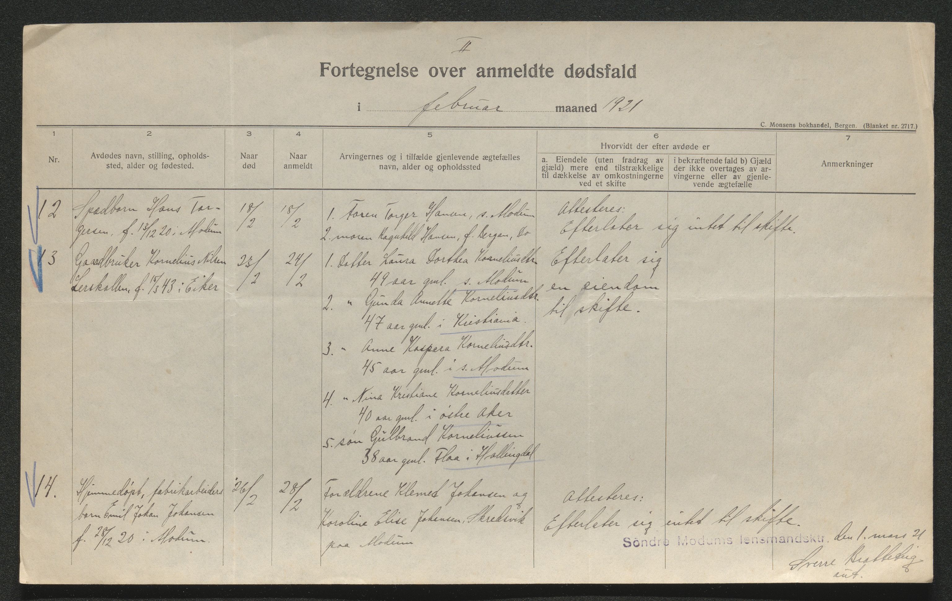 Eiker, Modum og Sigdal sorenskriveri, AV/SAKO-A-123/H/Ha/Hab/L0040: Dødsfallsmeldinger, 1920-1921, p. 921