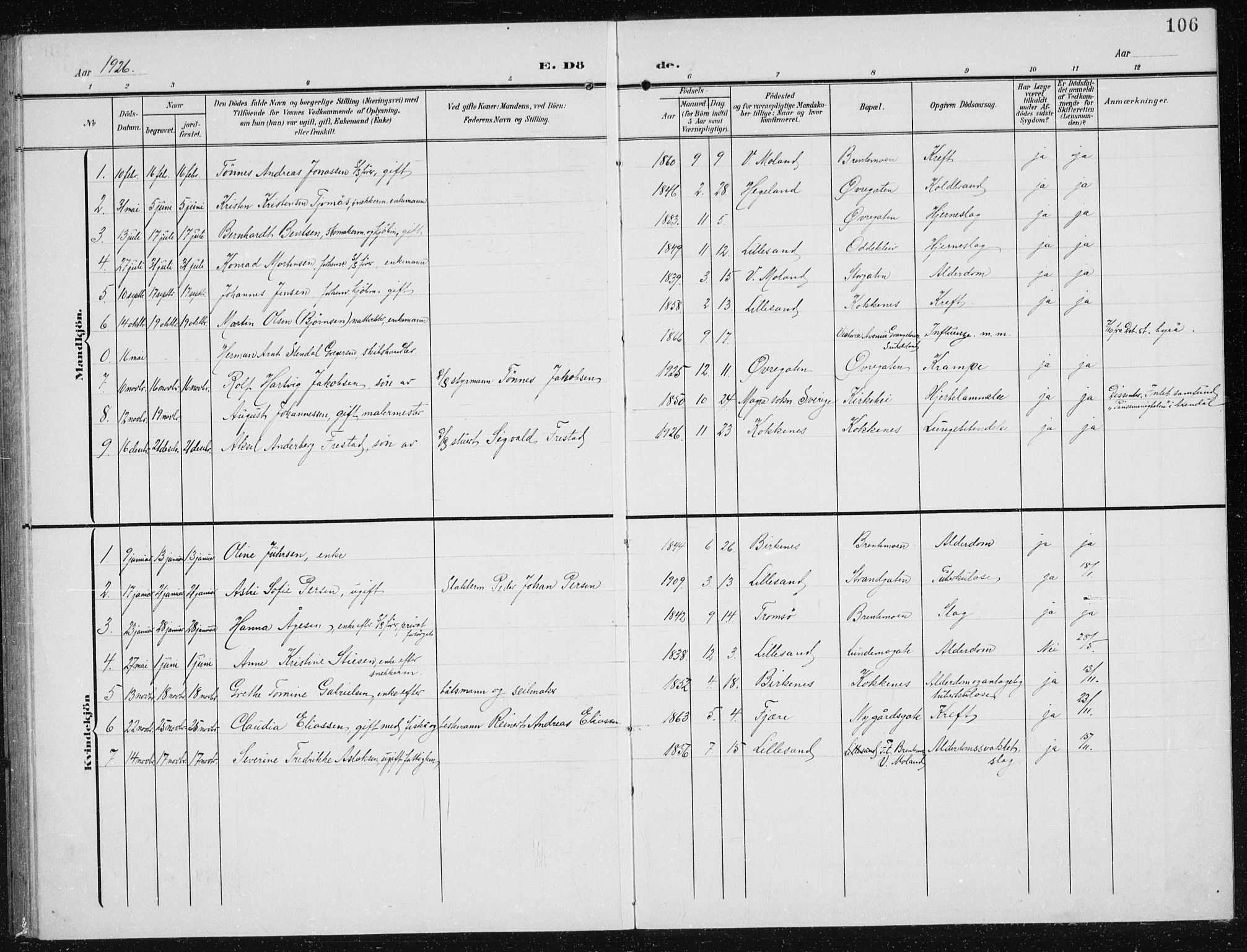 Vestre Moland sokneprestkontor, SAK/1111-0046/F/Fb/Fba/L0002: Parish register (copy) no. B 2, 1904-1934, p. 106