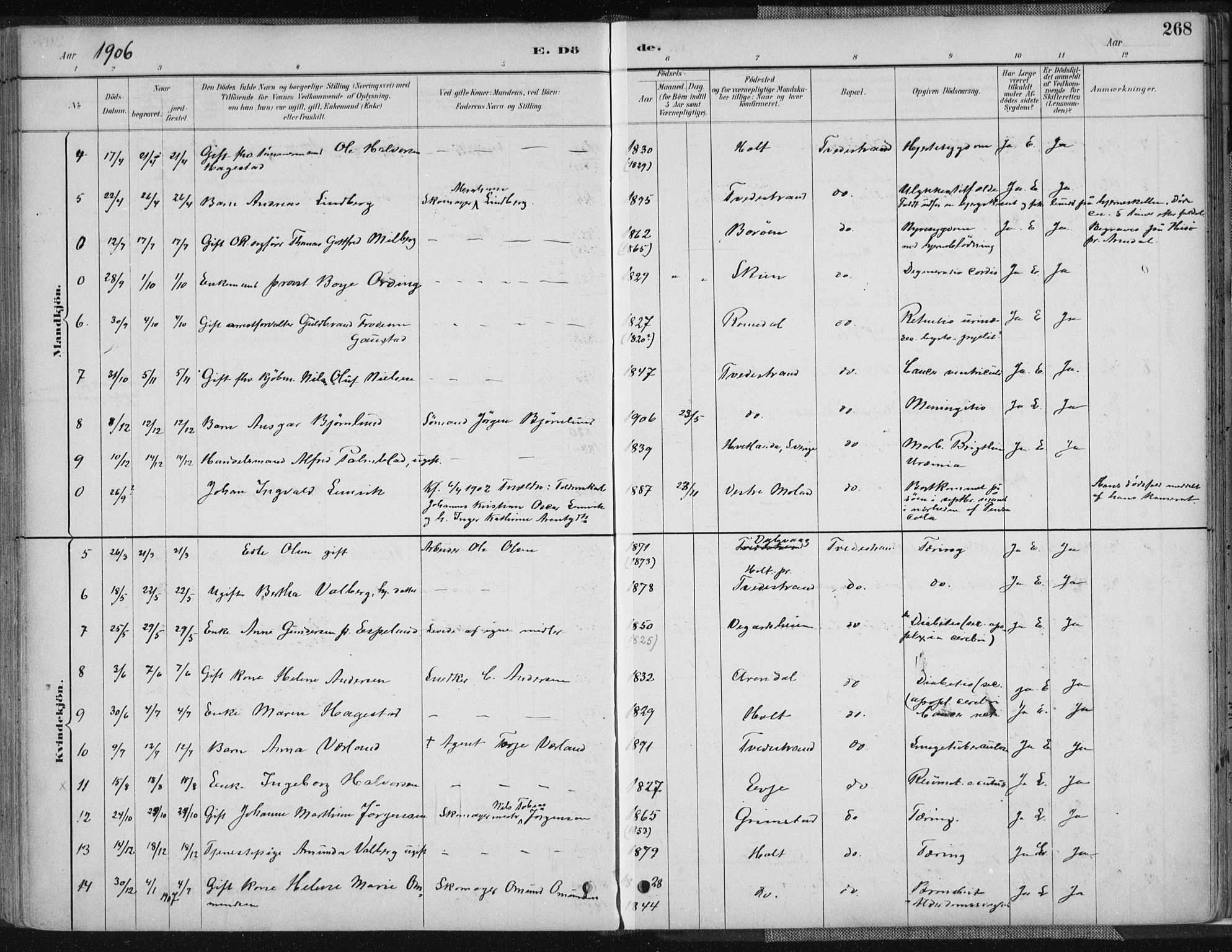 Tvedestrand sokneprestkontor, SAK/1111-0042/F/Fa/L0001: Parish register (official) no. A 1, 1885-1916, p. 268