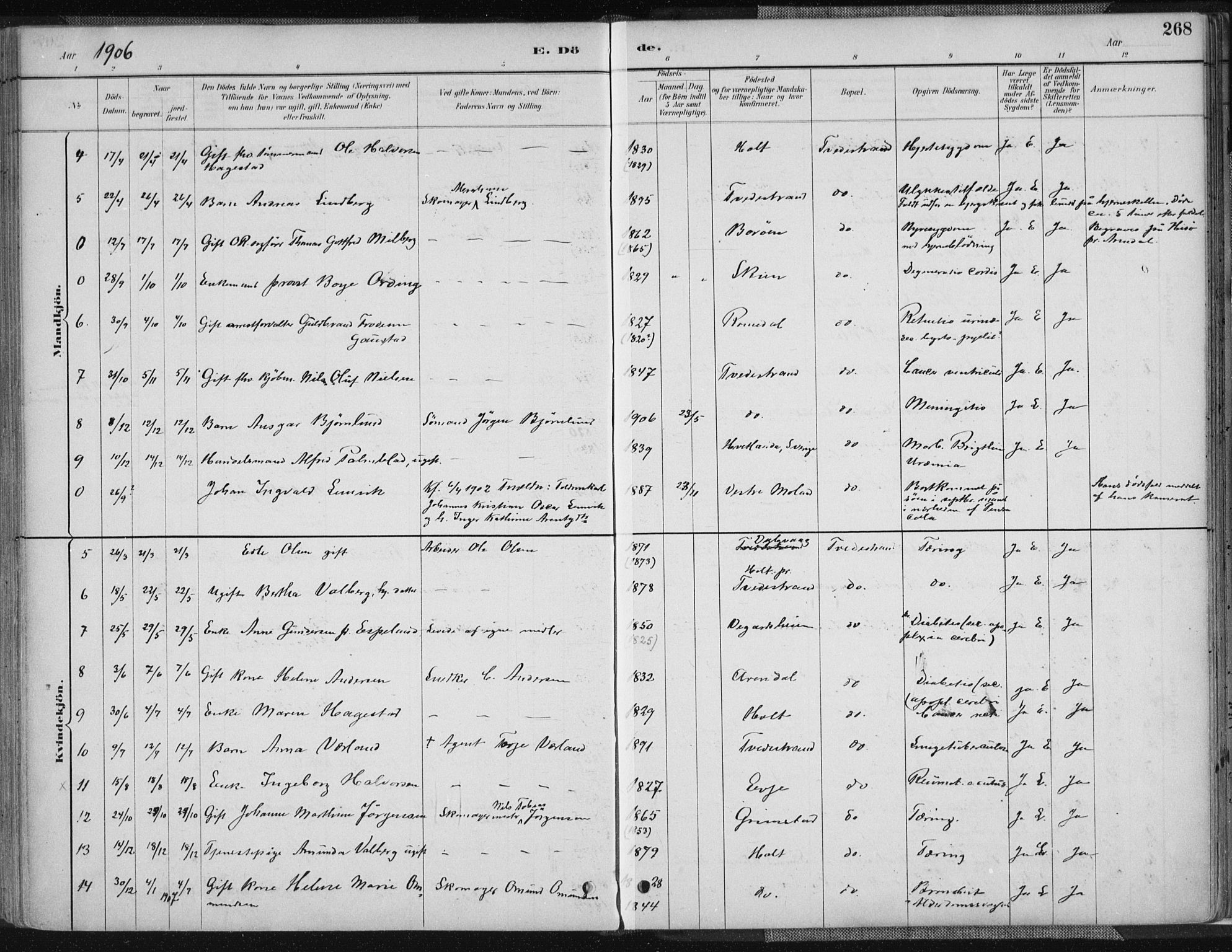 Tvedestrand sokneprestkontor, AV/SAK-1111-0042/F/Fa/L0001: Parish register (official) no. A 1, 1885-1916, p. 268