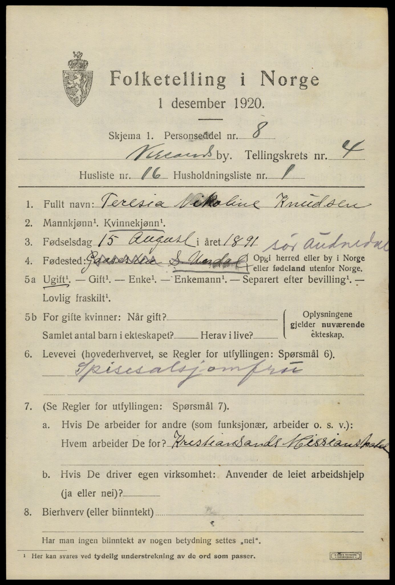 SAK, 1920 census for Kristiansand, 1920, p. 15653