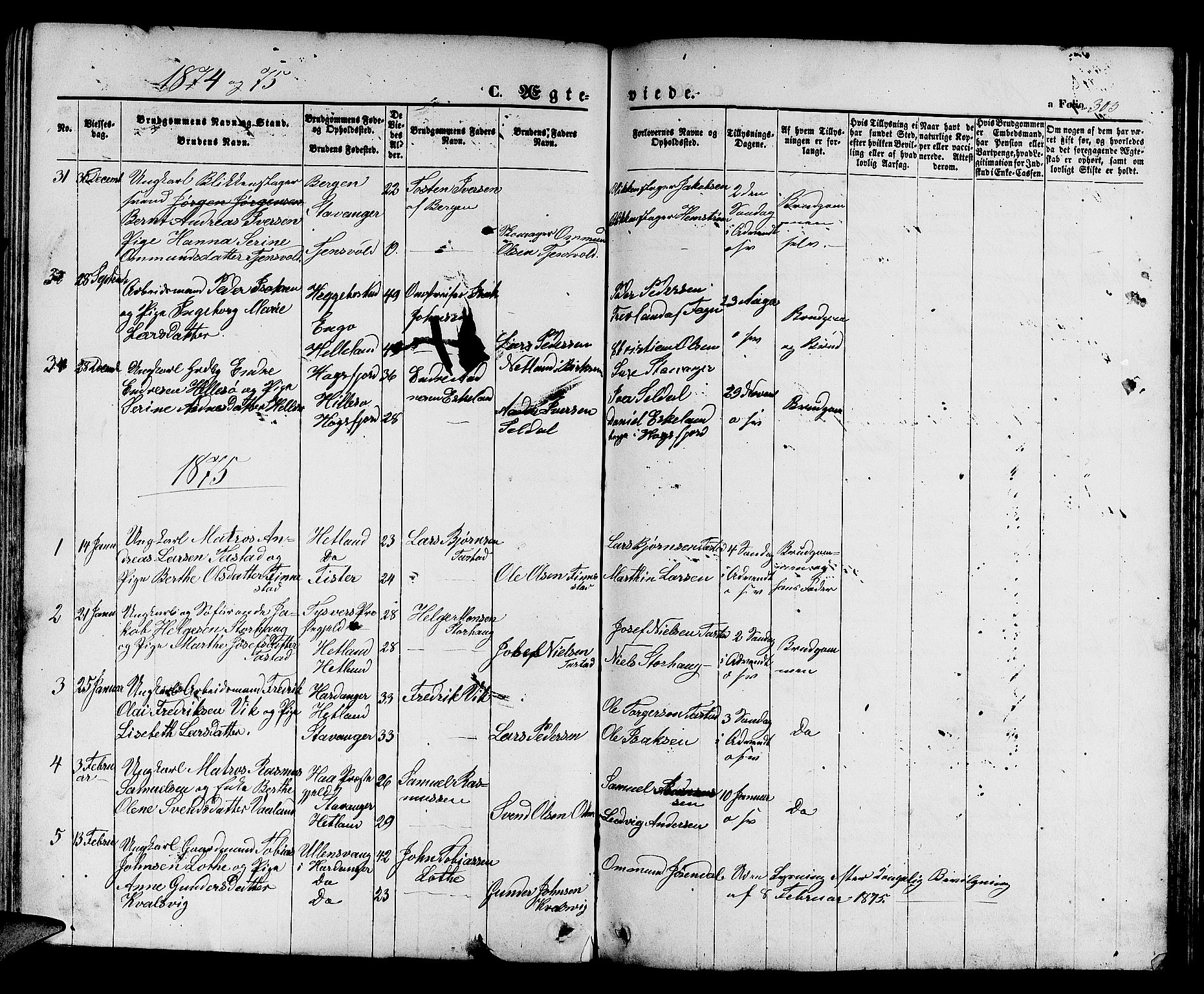 Hetland sokneprestkontor, SAST/A-101826/30/30BB/L0003: Parish register (copy) no. B 3, 1863-1877, p. 303
