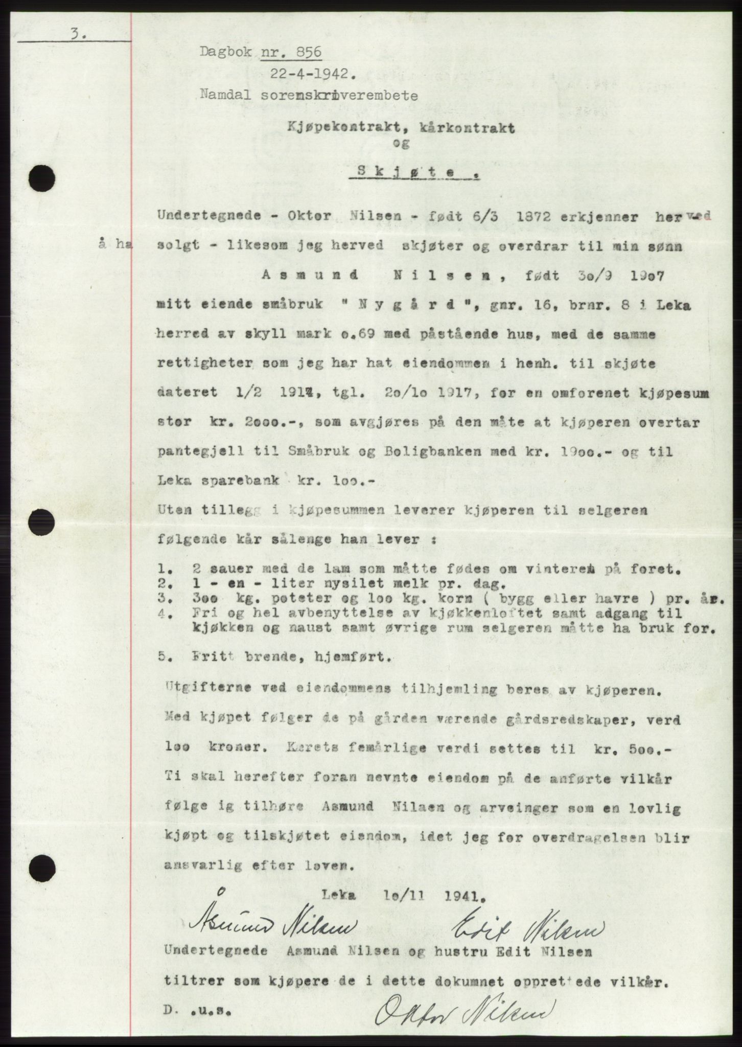 Namdal sorenskriveri, AV/SAT-A-4133/1/2/2C: Mortgage book no. -, 1941-1942, Diary no: : 856/1942