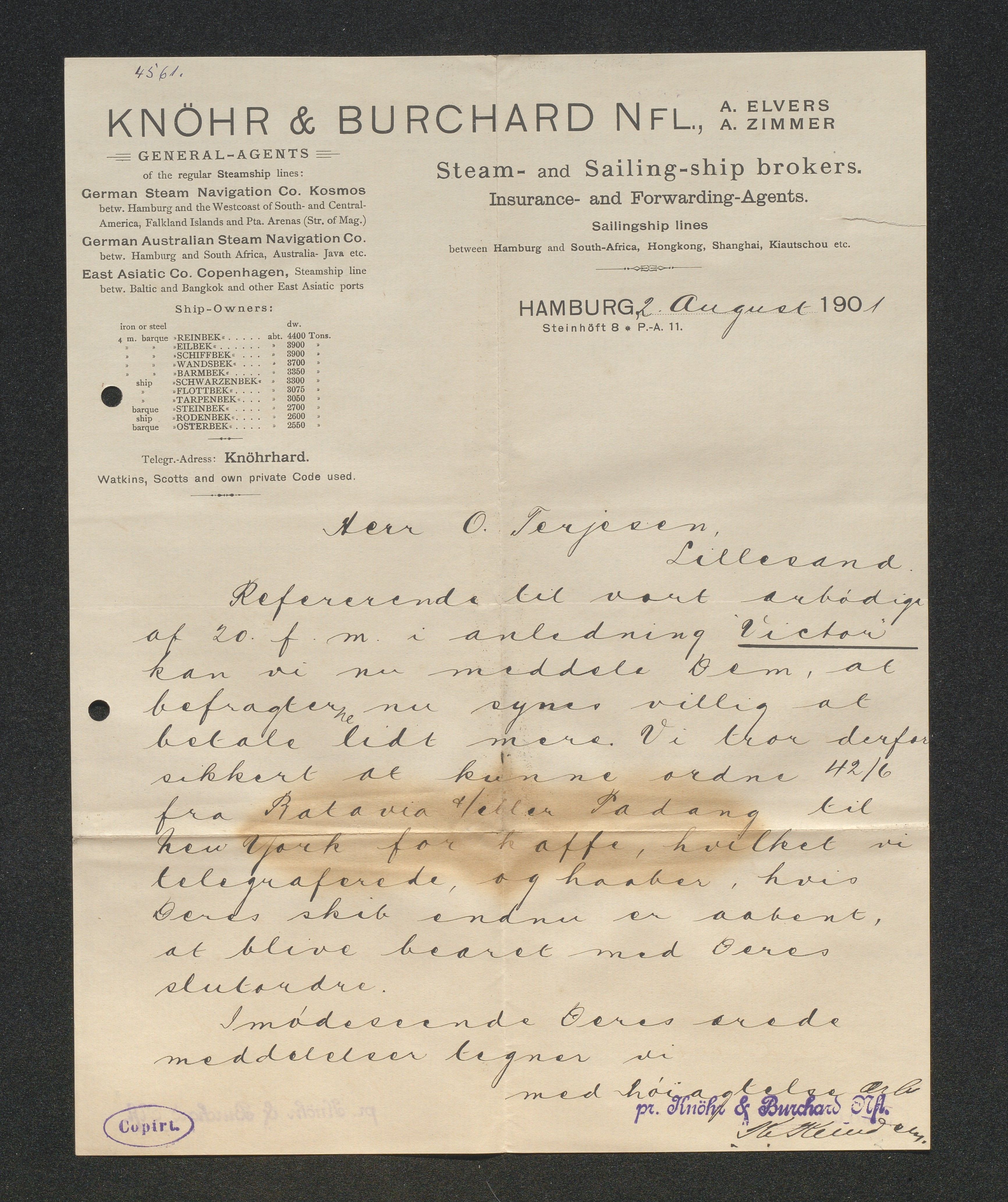 O. Terjesens rederi, AAKS/PA-2525/E/E01/L0009: Korrespondanse, 1901
