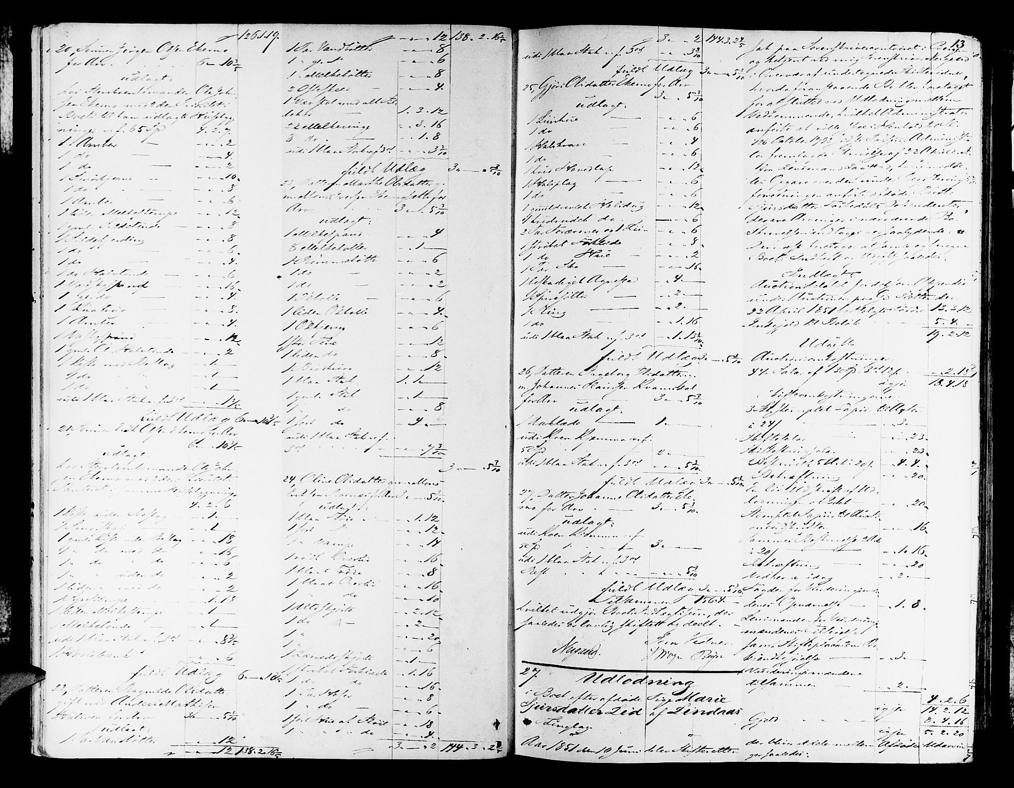 Nordhordland sorenskrivar, SAB/A-2901/1/H/Hd/Hda/L0005: Skifteutlodningsprotokollar, 1851-1857, p. 12b-13a