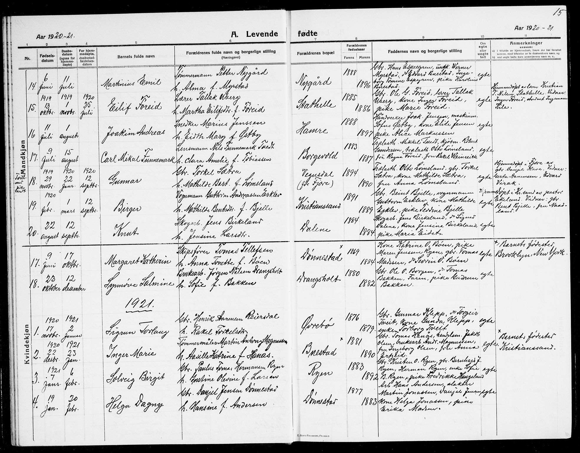 Tveit sokneprestkontor, AV/SAK-1111-0043/F/Fb/L0005: Parish register (copy) no. B 5, 1915-1941, p. 15