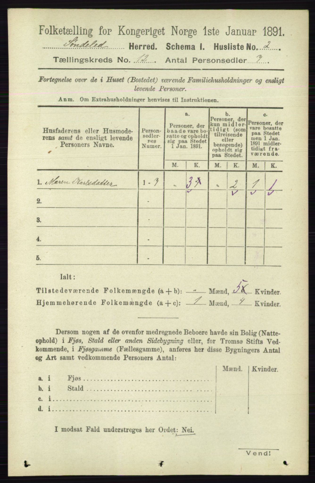 RA, 1891 census for 0913 Søndeled, 1891, p. 3643