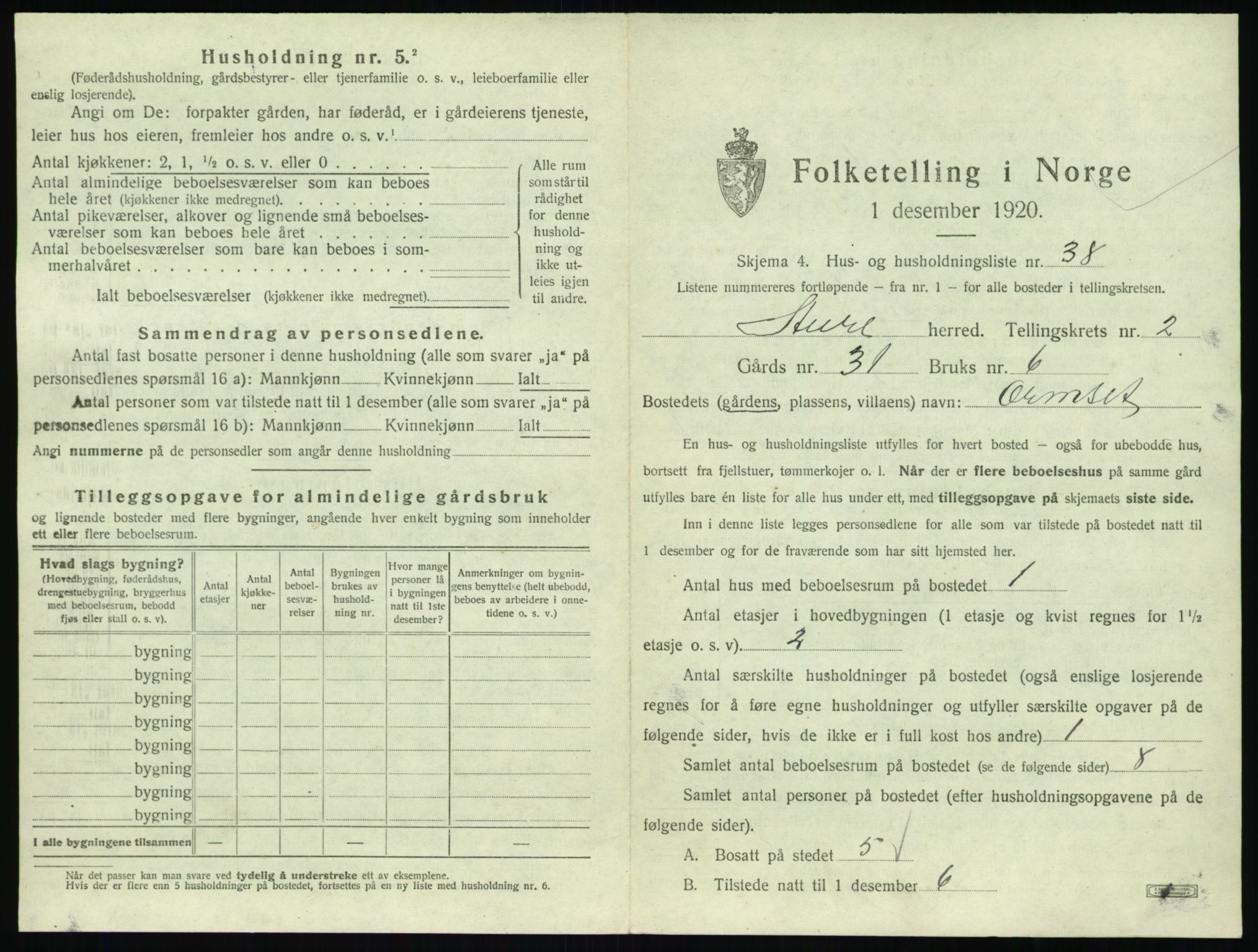 SAT, 1920 census for Aure, 1920, p. 172