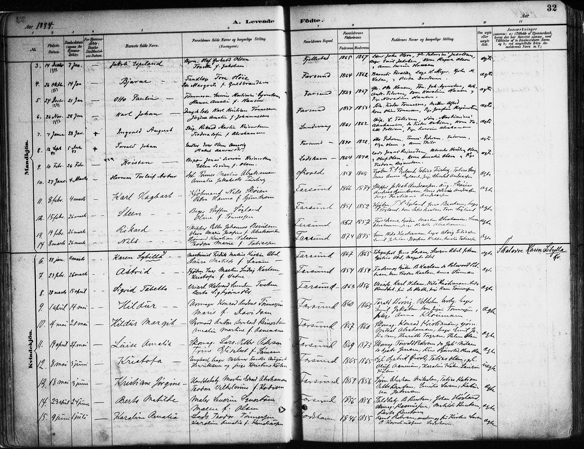 Farsund sokneprestkontor, SAK/1111-0009/F/Fa/L0006: Parish register (official) no. A 6, 1887-1920, p. 32