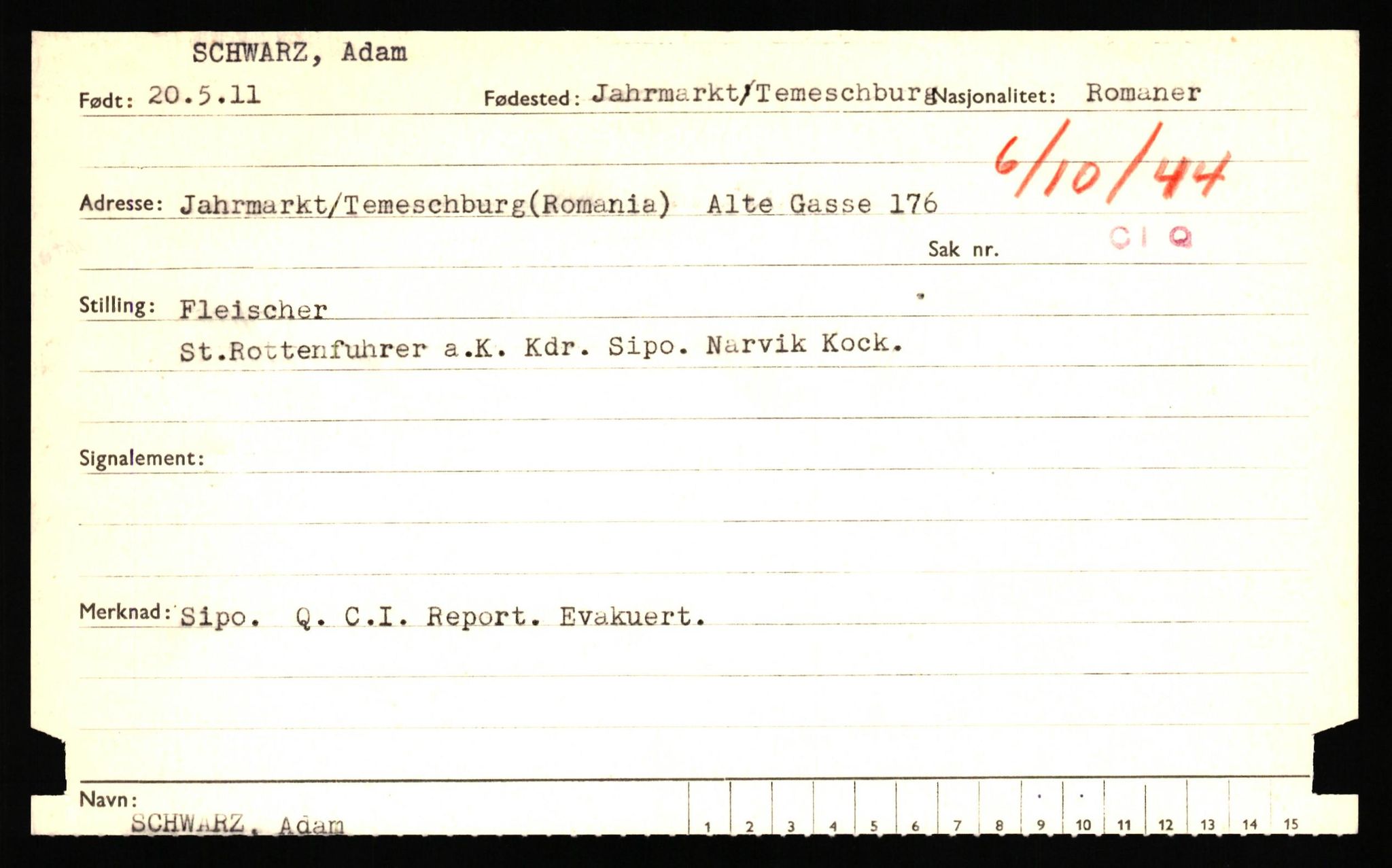 Forsvaret, Forsvarets overkommando II, AV/RA-RAFA-3915/D/Db/L0041: CI Questionaires.  Diverse nasjonaliteter., 1945-1946, p. 186