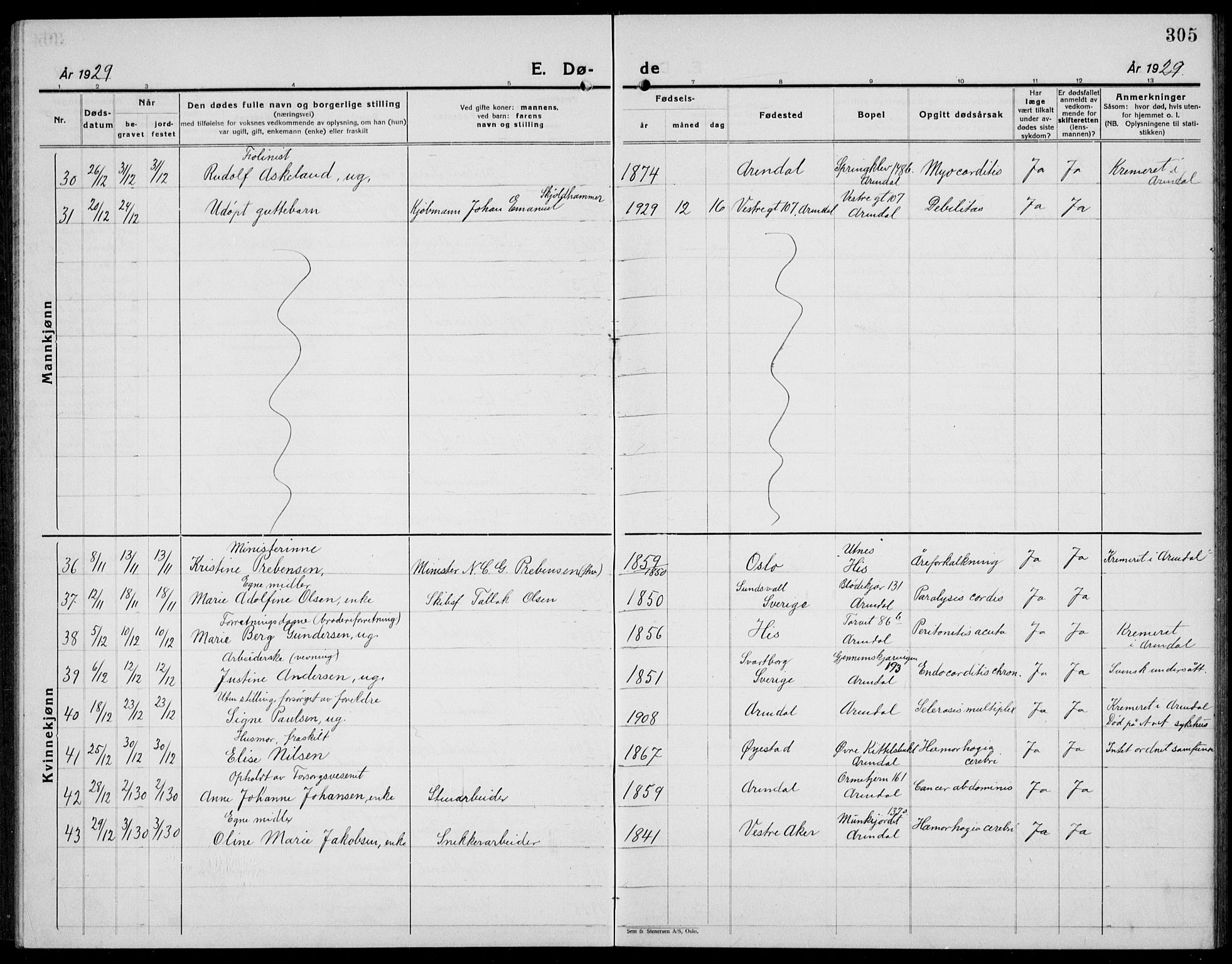 Arendal sokneprestkontor, Trefoldighet, AV/SAK-1111-0040/F/Fb/L0008: Parish register (copy) no. B 8, 1928-1939, p. 305