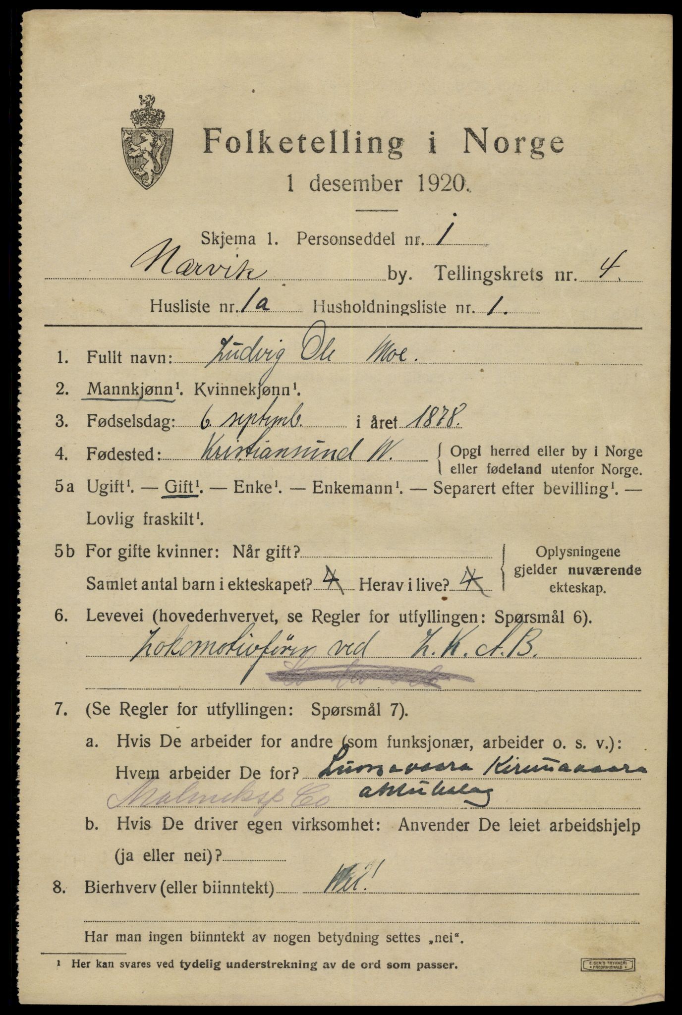 SAT, 1920 census for Narvik, 1920, p. 14260