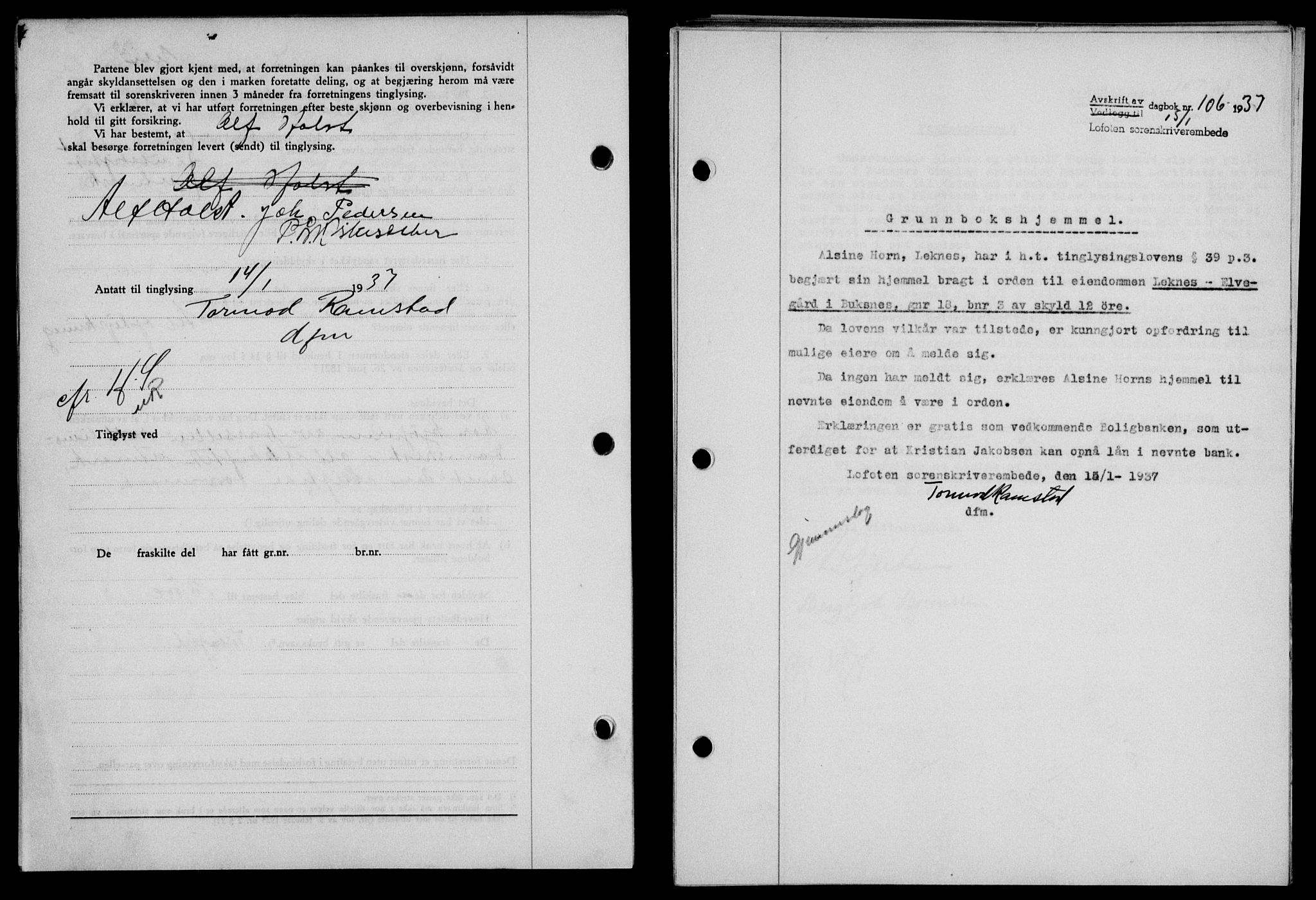 Lofoten sorenskriveri, SAT/A-0017/1/2/2C/L0001a: Mortgage book no. 1a, 1936-1937, Diary no: : 106/1937