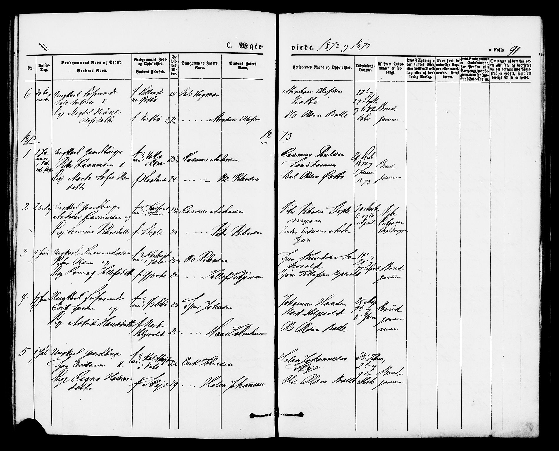 Vikedal sokneprestkontor, AV/SAST-A-101840/01/IV: Parish register (official) no. A 8, 1868-1885, p. 91