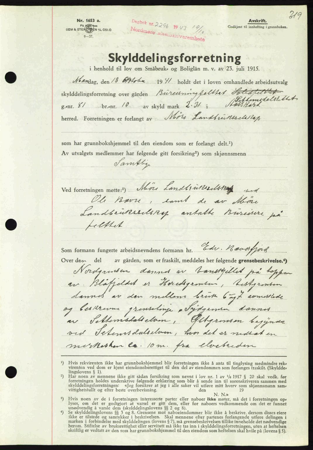 Nordmøre sorenskriveri, SAT/A-4132/1/2/2Ca: Mortgage book no. A96, 1943-1944, Diary no: : 2296/1943