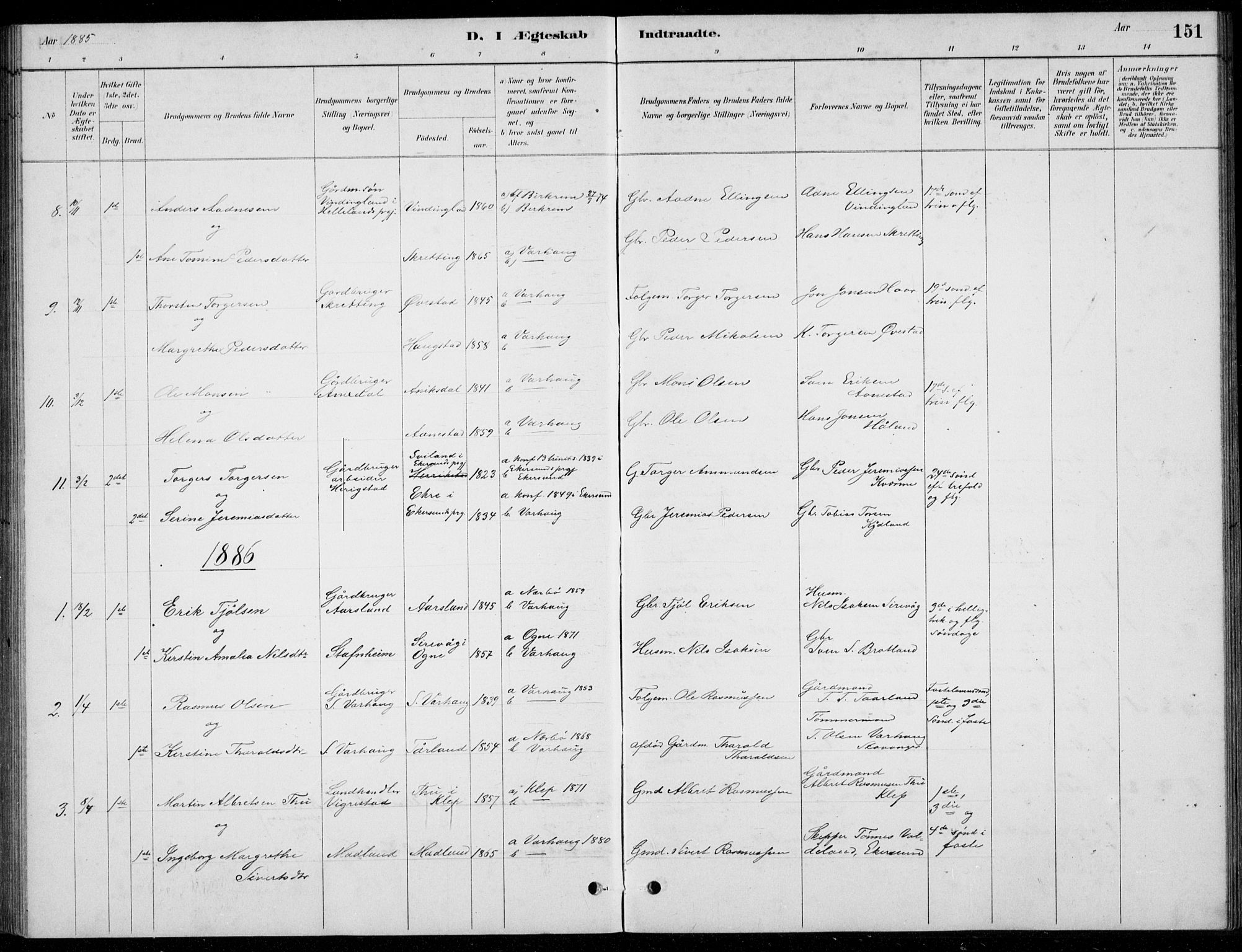 Hå sokneprestkontor, AV/SAST-A-101801/001/30BB/L0004: Parish register (copy) no. B 4, 1883-1899, p. 151