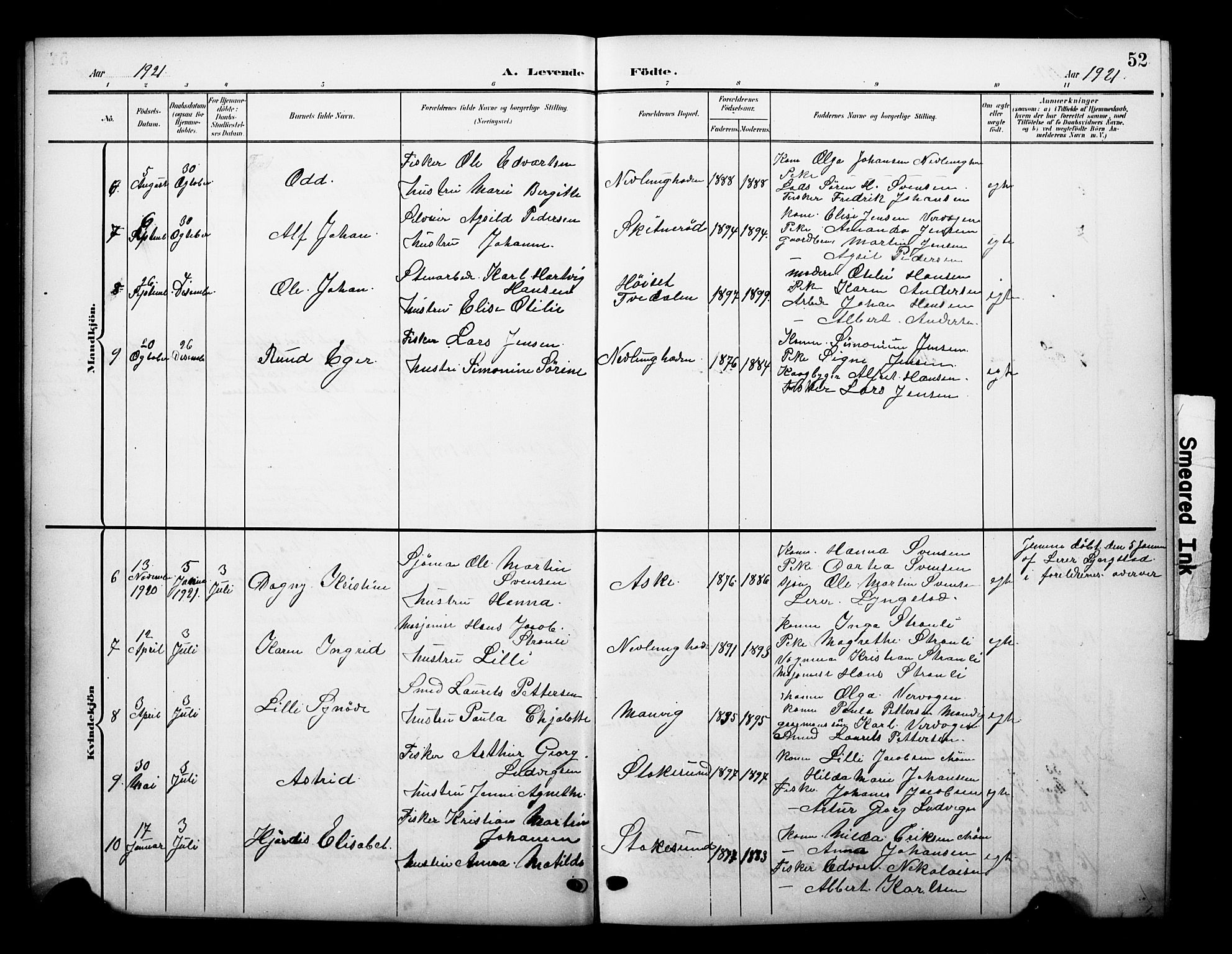 Brunlanes kirkebøker, AV/SAKO-A-342/G/Gb/L0003: Parish register (copy) no. II 3, 1903-1928, p. 52