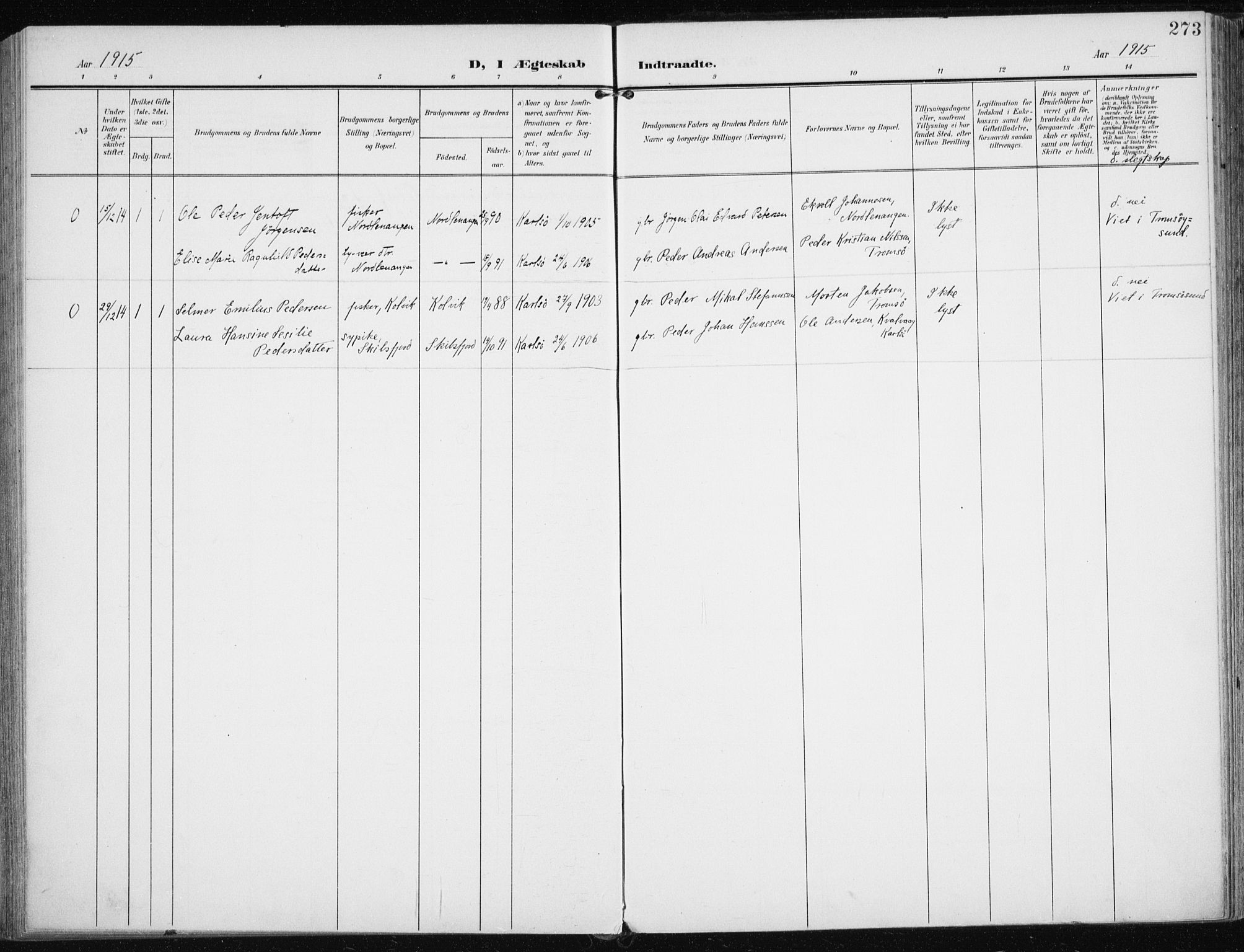 Karlsøy sokneprestembete, AV/SATØ-S-1299/H/Ha/Haa/L0014kirke: Parish register (official) no. 14, 1903-1917, p. 273