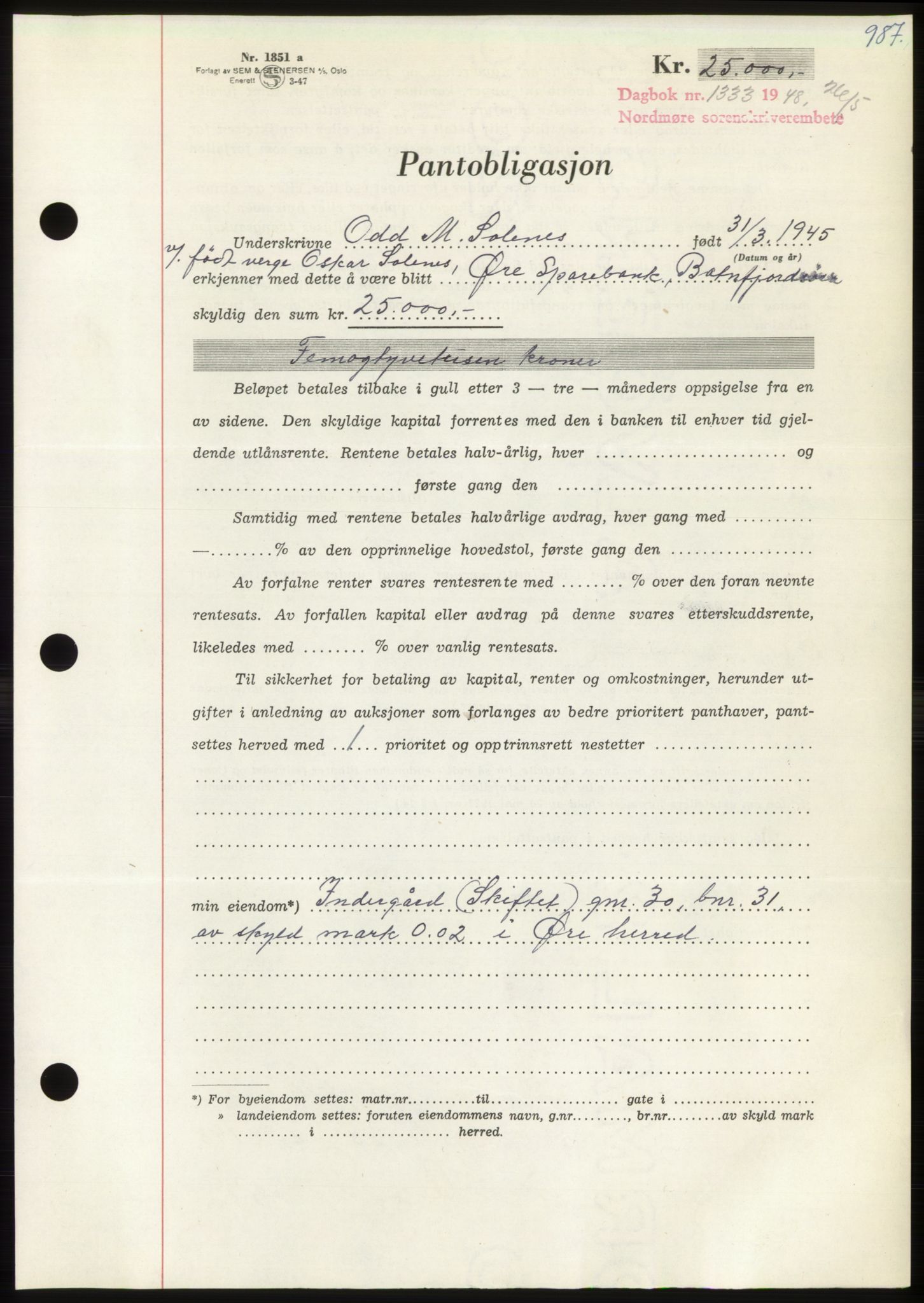 Nordmøre sorenskriveri, AV/SAT-A-4132/1/2/2Ca: Mortgage book no. B98, 1948-1948, Diary no: : 1333/1948