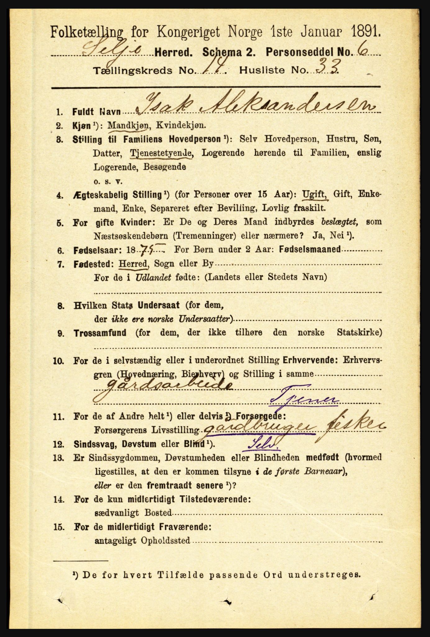 RA, 1891 census for 1441 Selje, 1891, p. 4636