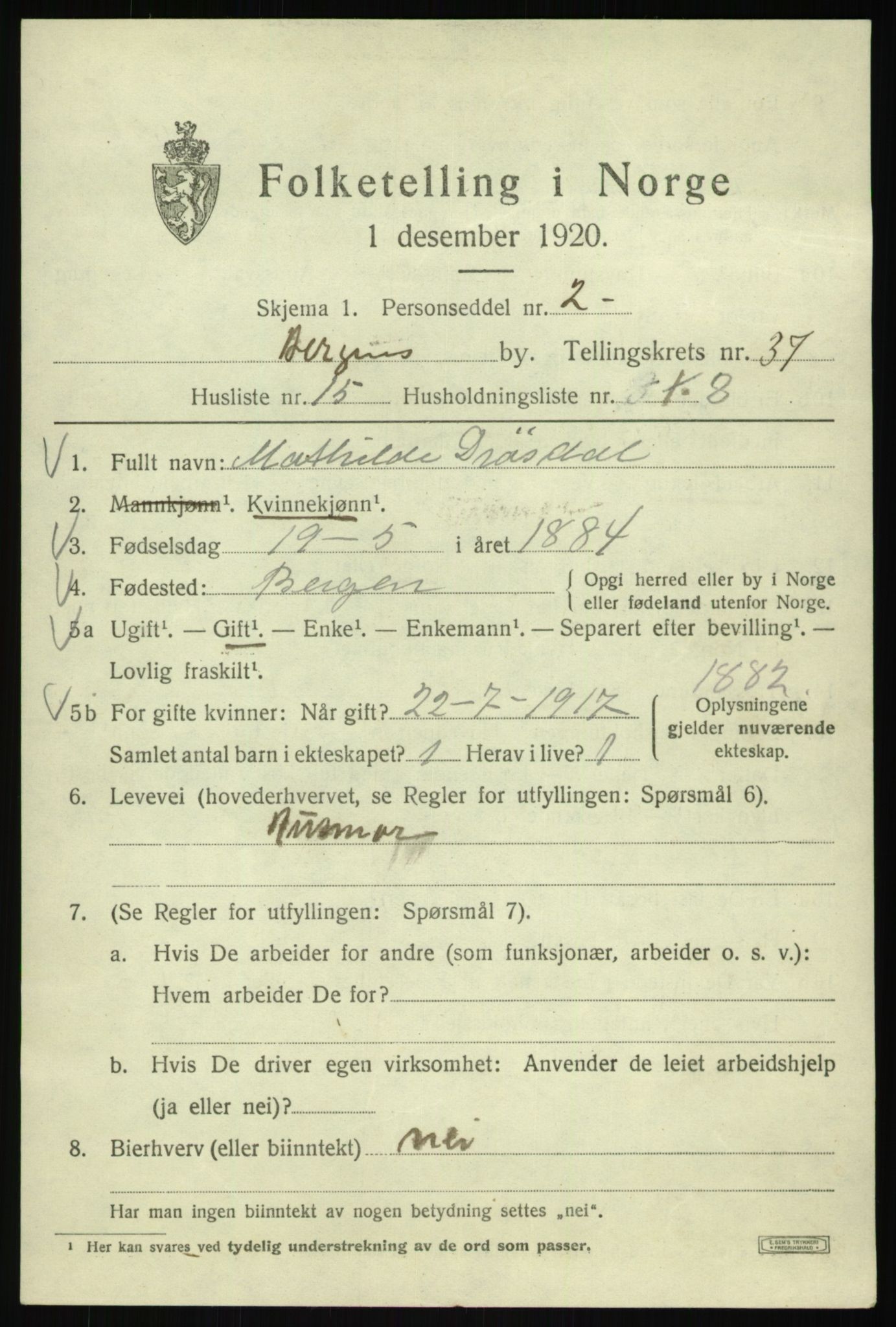 SAB, 1920 census for Bergen, 1920, p. 104398