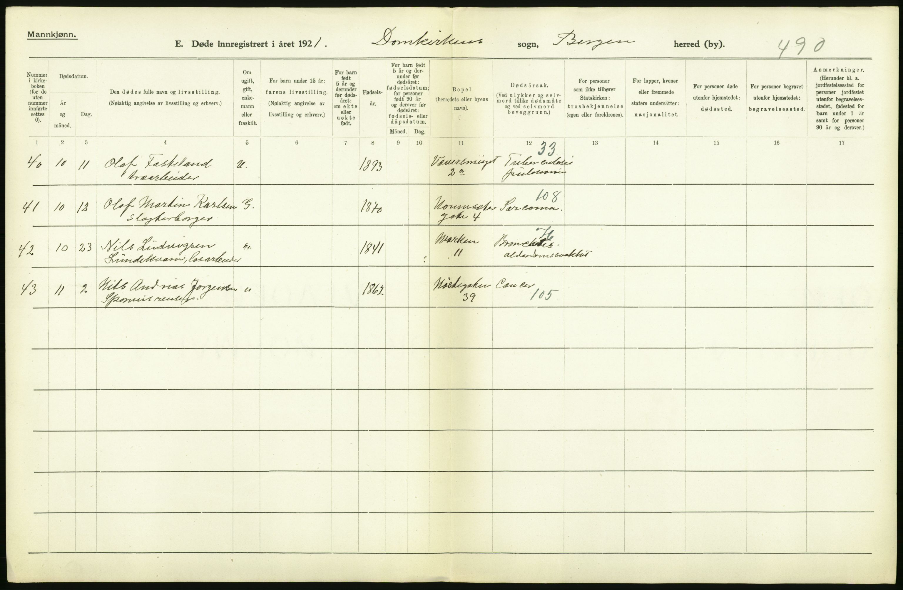 Statistisk sentralbyrå, Sosiodemografiske emner, Befolkning, AV/RA-S-2228/D/Df/Dfc/Dfca/L0036: Bergen: Døde., 1921, p. 18