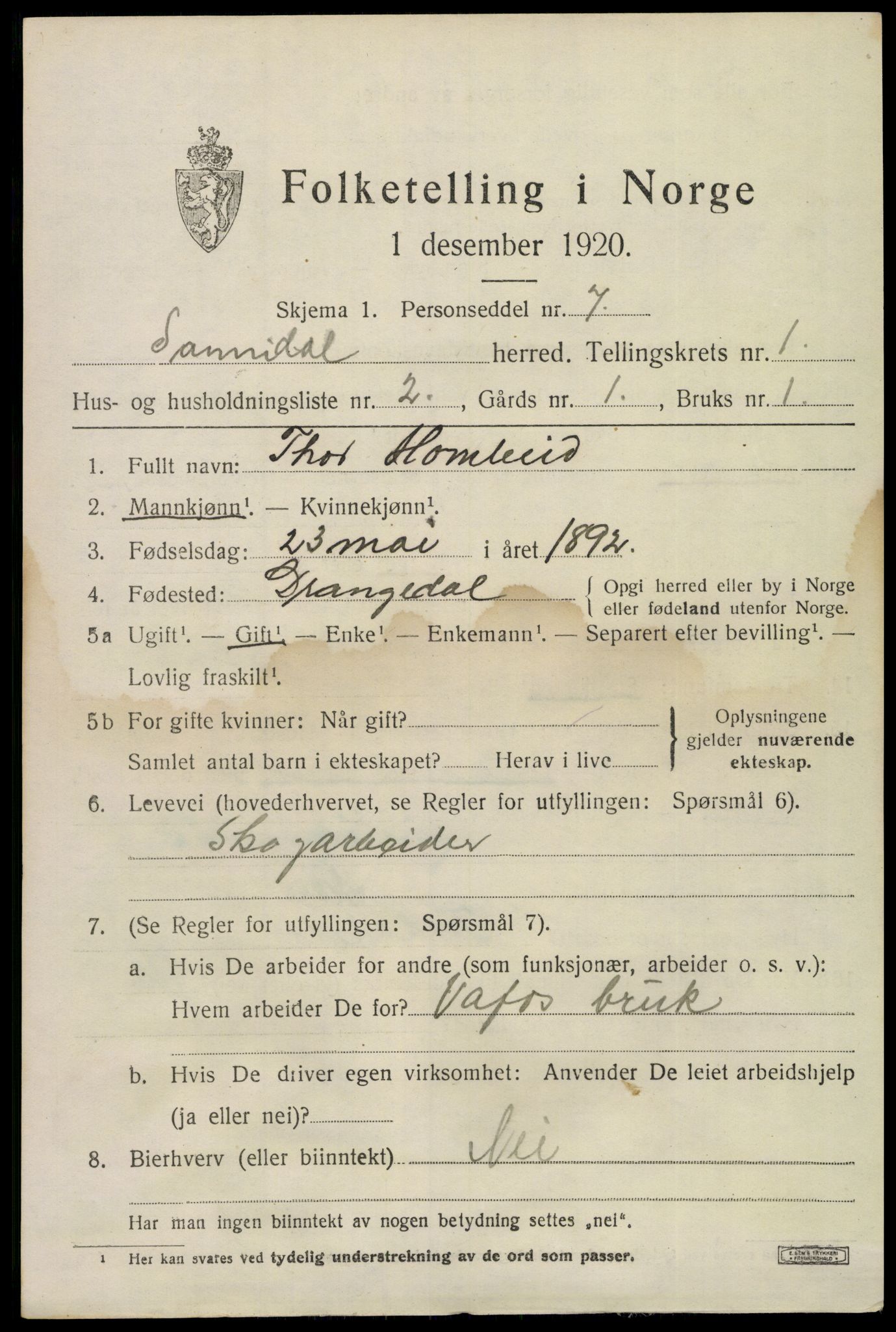 SAKO, 1920 census for Sannidal, 1920, p. 1053