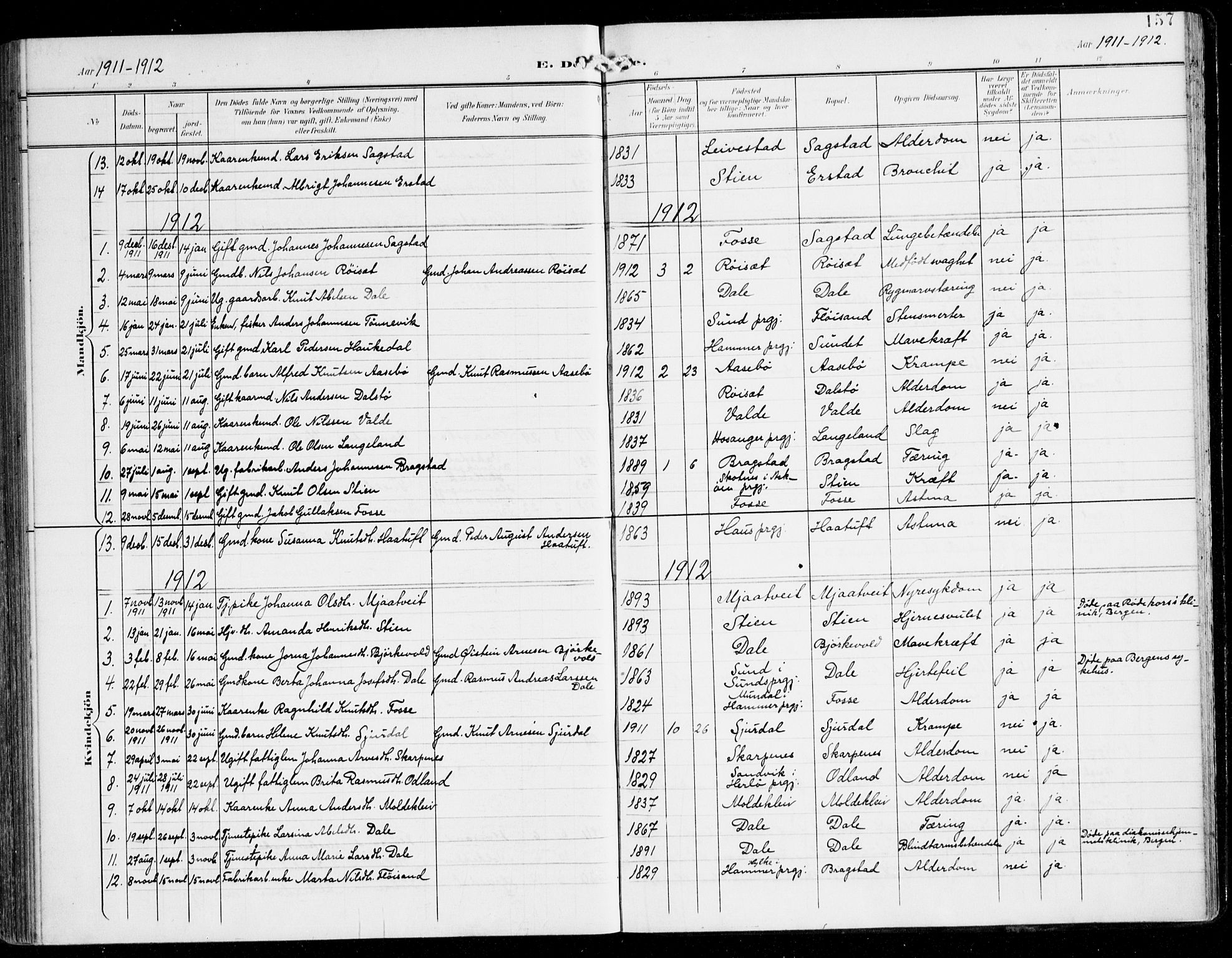 Alversund Sokneprestembete, SAB/A-73901/H/Ha/Haa/Haac/L0002: Parish register (official) no. C 2, 1901-1921, p. 157