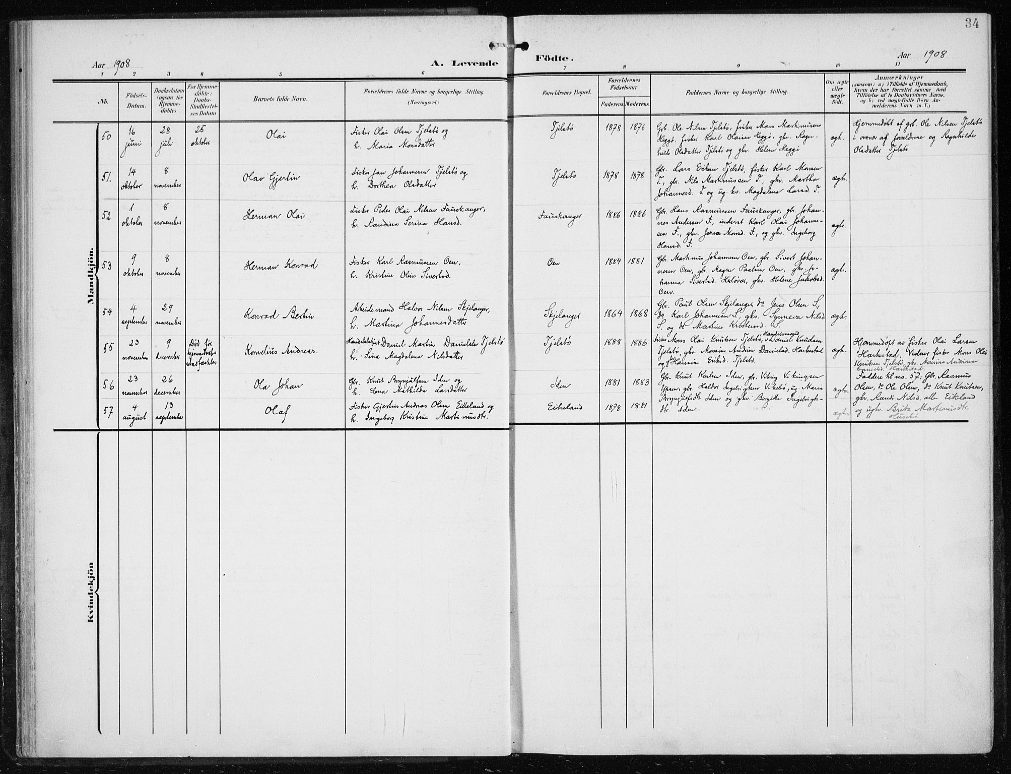 Herdla Sokneprestembete, AV/SAB-A-75701/H/Haa: Parish register (official) no. A 5, 1905-1918, p. 34