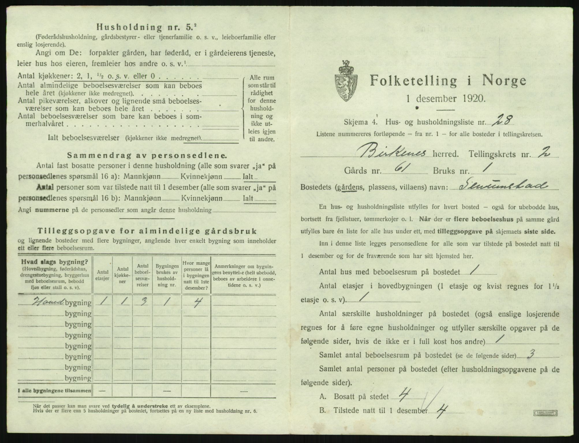 SAK, 1920 census for Birkenes, 1920, p. 143