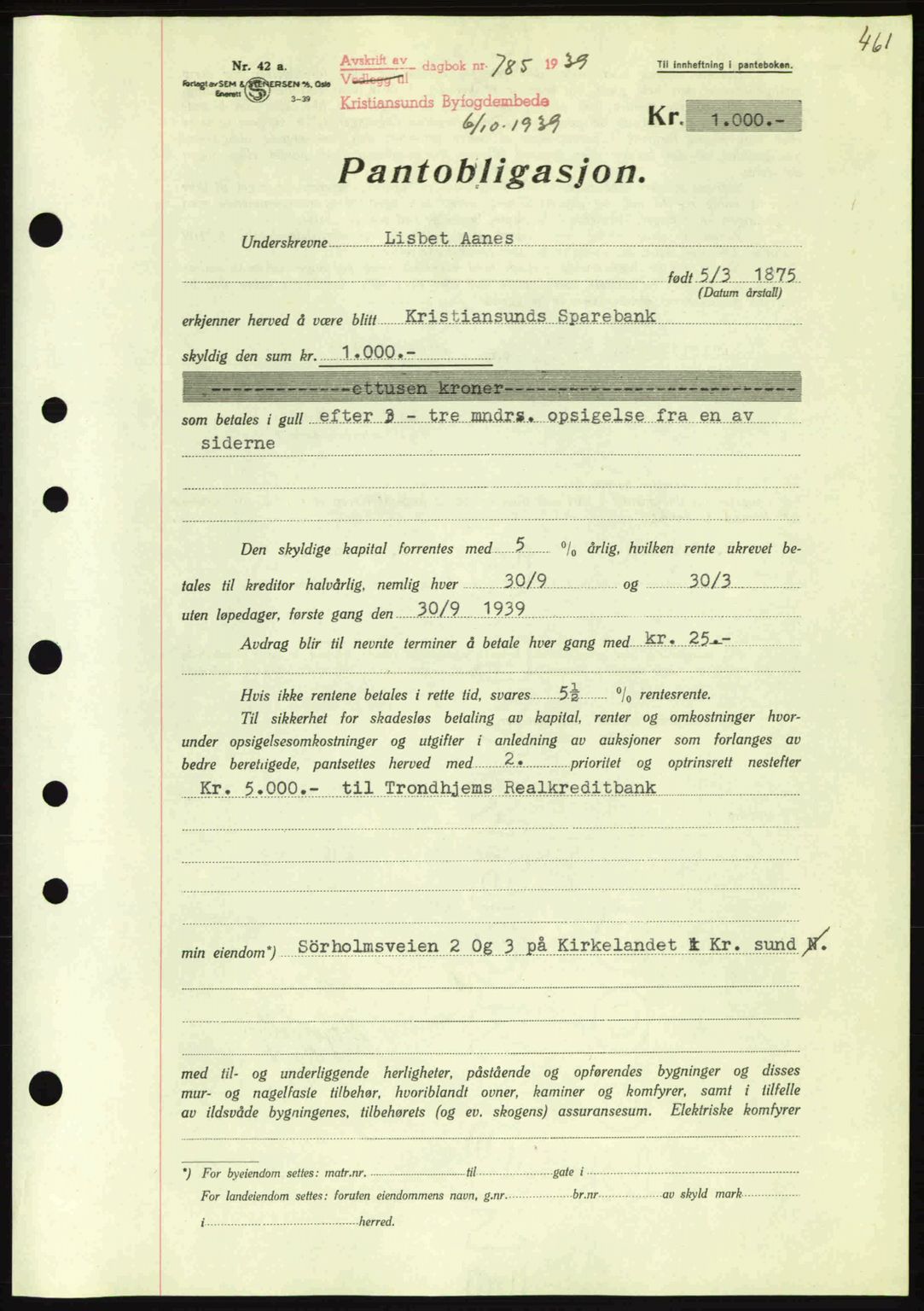 Kristiansund byfogd, SAT/A-4587/A/27: Mortgage book no. 31, 1938-1939, Diary no: : 785/1939