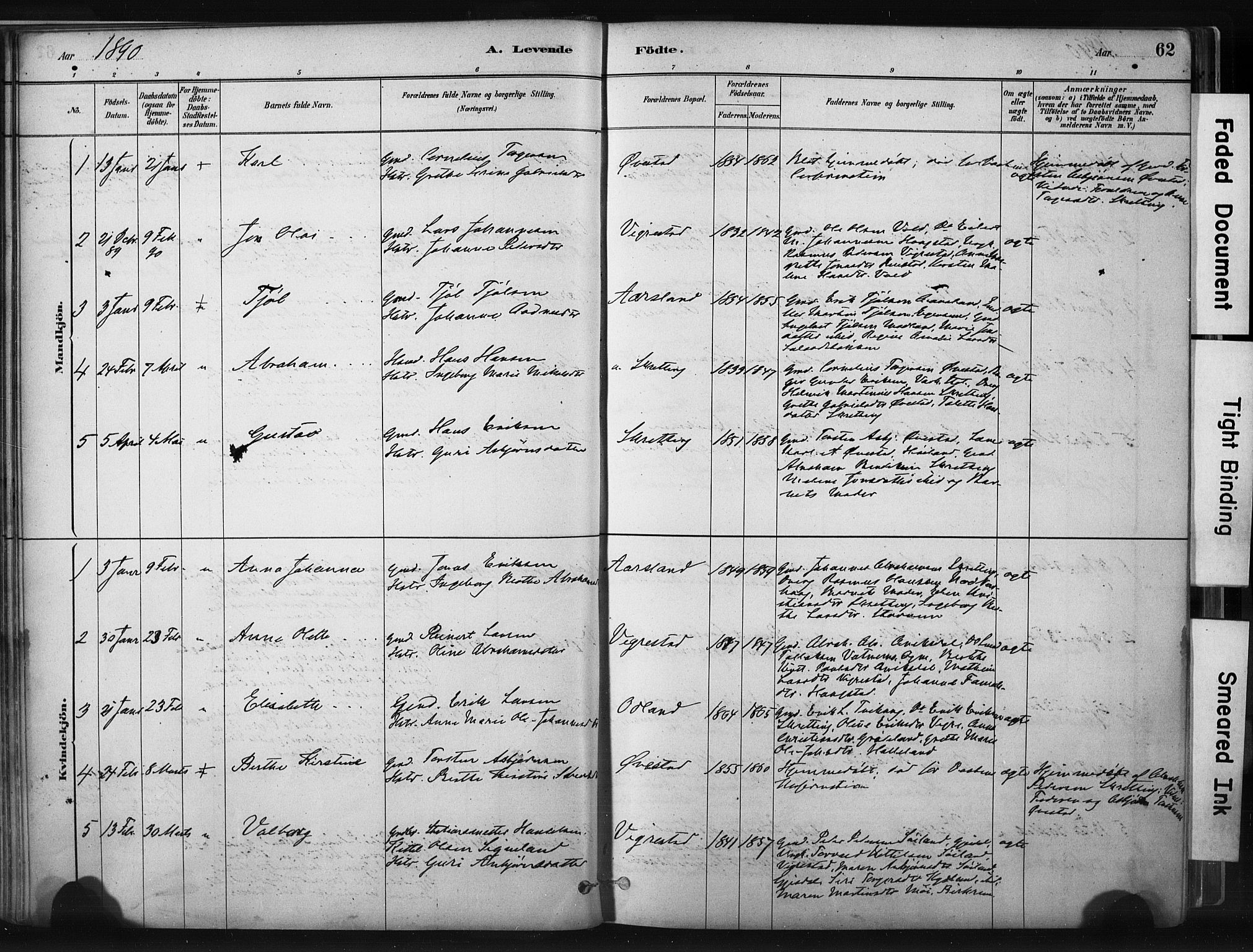 Hå sokneprestkontor, AV/SAST-A-101801/001/30BA/L0011: Parish register (official) no. A 10, 1879-1900, p. 62