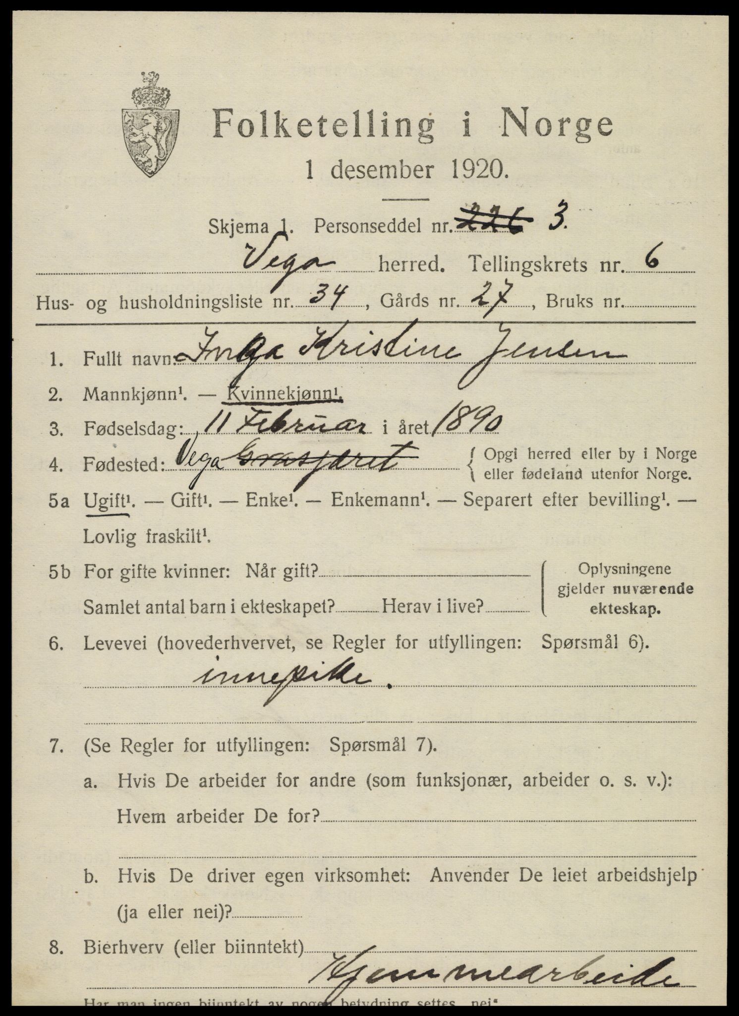 SAT, 1920 census for Vega, 1920, p. 3409