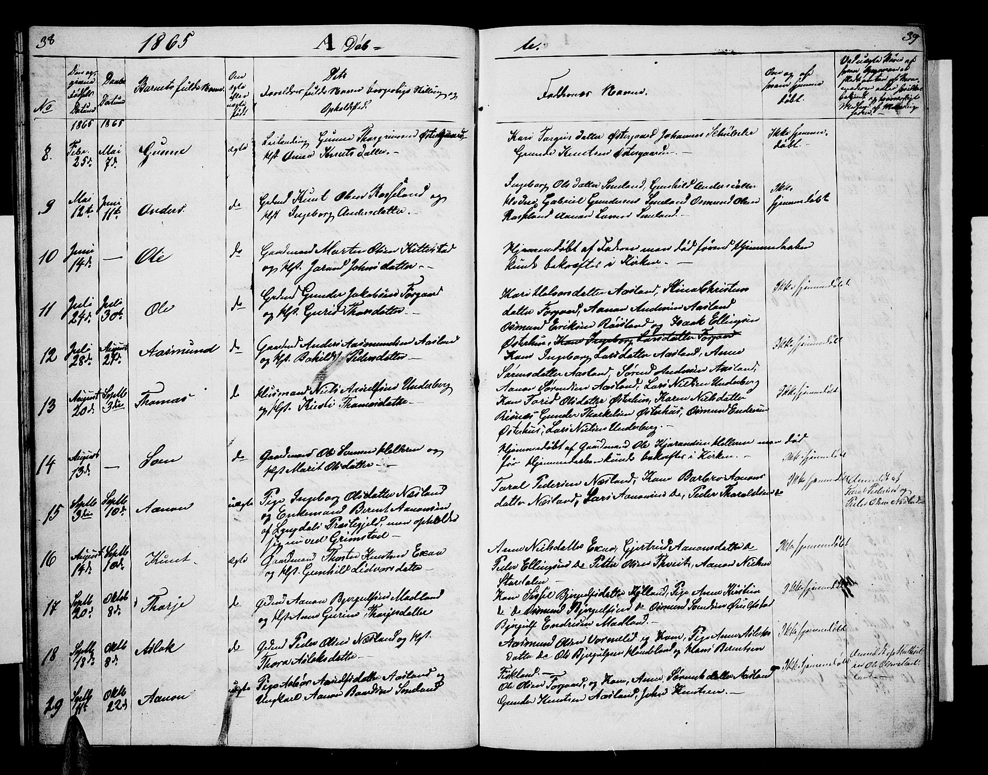 Åseral sokneprestkontor, AV/SAK-1111-0051/F/Fb/L0001: Parish register (copy) no. B 1, 1856-1877, p. 38-39